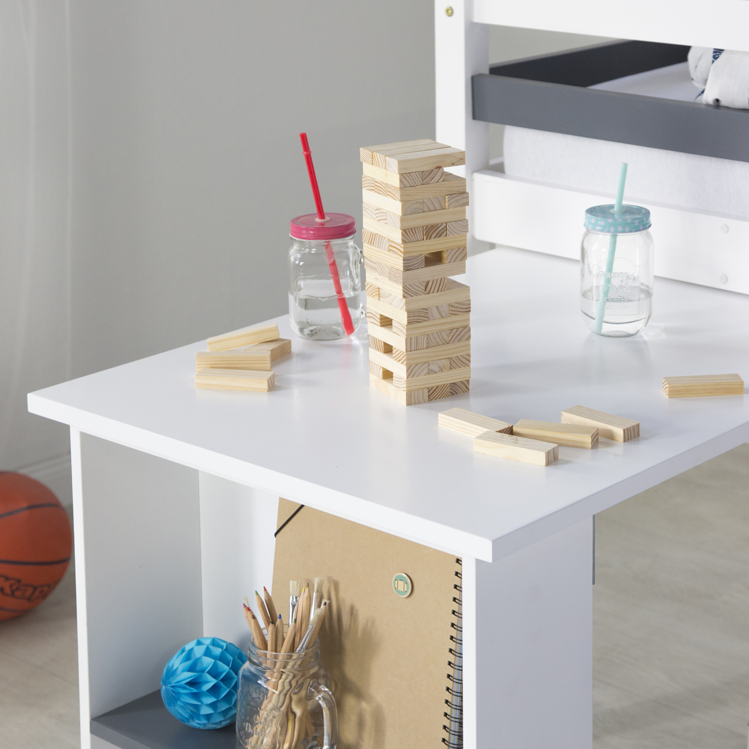 Children's Loft Bed 90x200 cm, White, with Desk | with Shelving | with Slatted Base