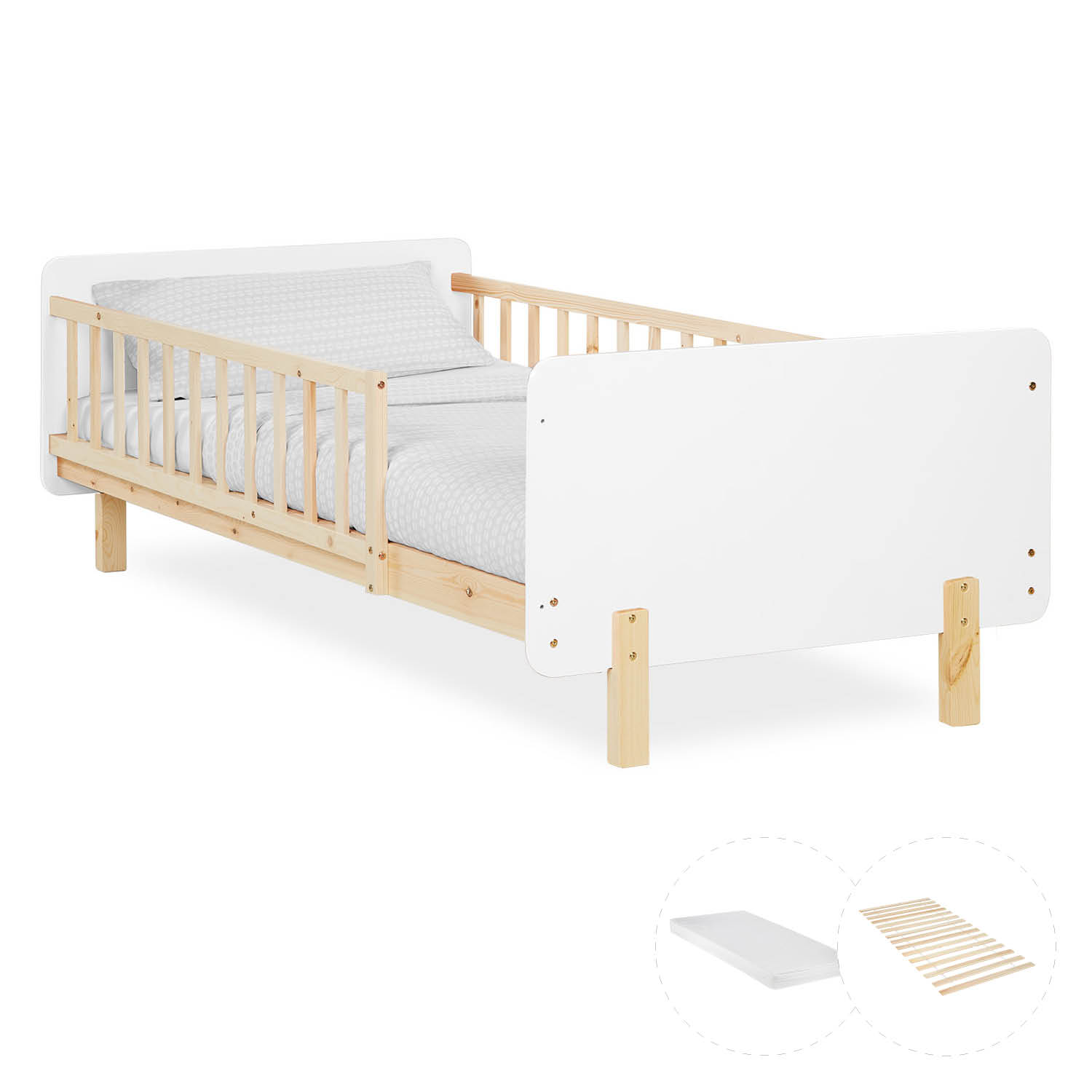 Single bed 90x200 cm White with Mattress Wooden Bed frame Toddler bed with safety rail Kids bed Childrens bed Slatted frame