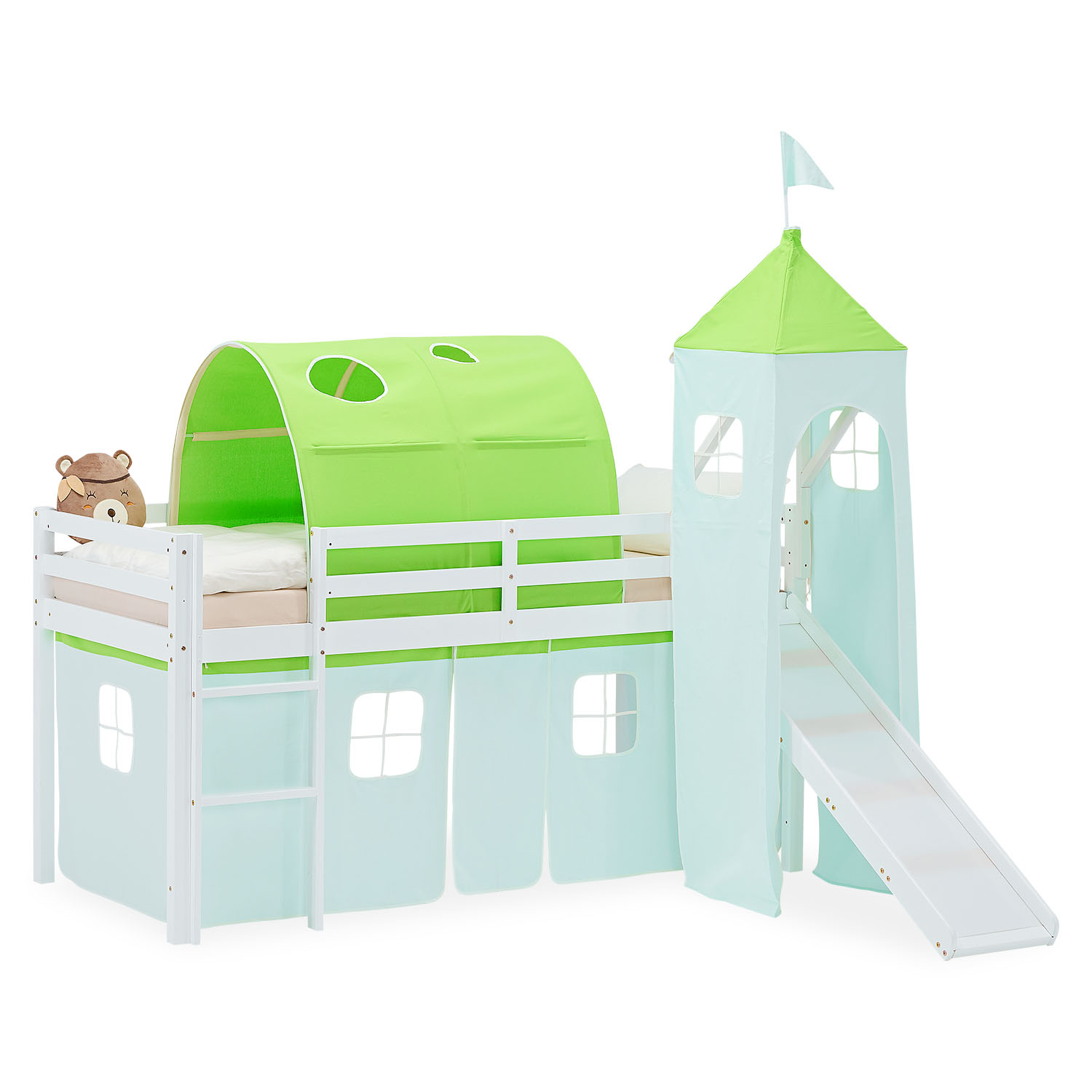 Loft Bed for Kids 90x200 cm White with Curtain in Green | Slide | Tower | Tunnel | without Slatted Frame