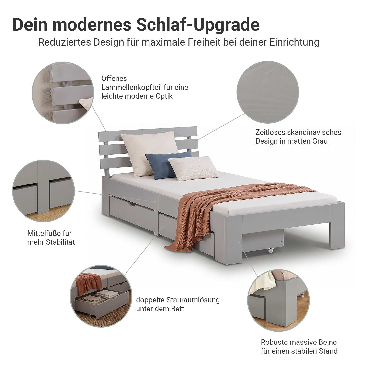 Wooden Bed 90x200 cm Gray | Single Bed with Storage | With Slatted Base | Solid Wood | Children's, Teen, or Guest Bedroom