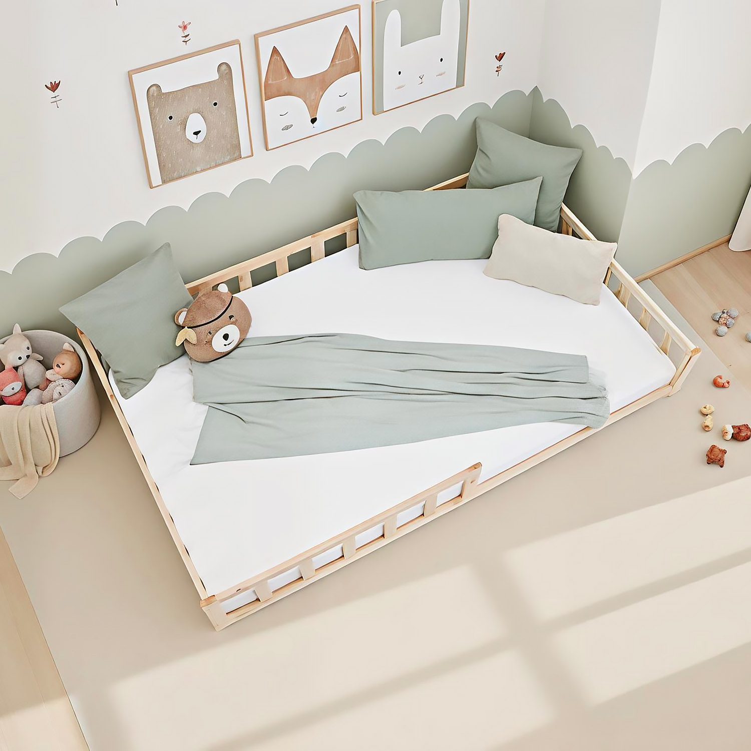 Children's Bed 120x200 Natural | Floor Bed with Mattress & Slatted Frame | with Fall Protection | Montessori