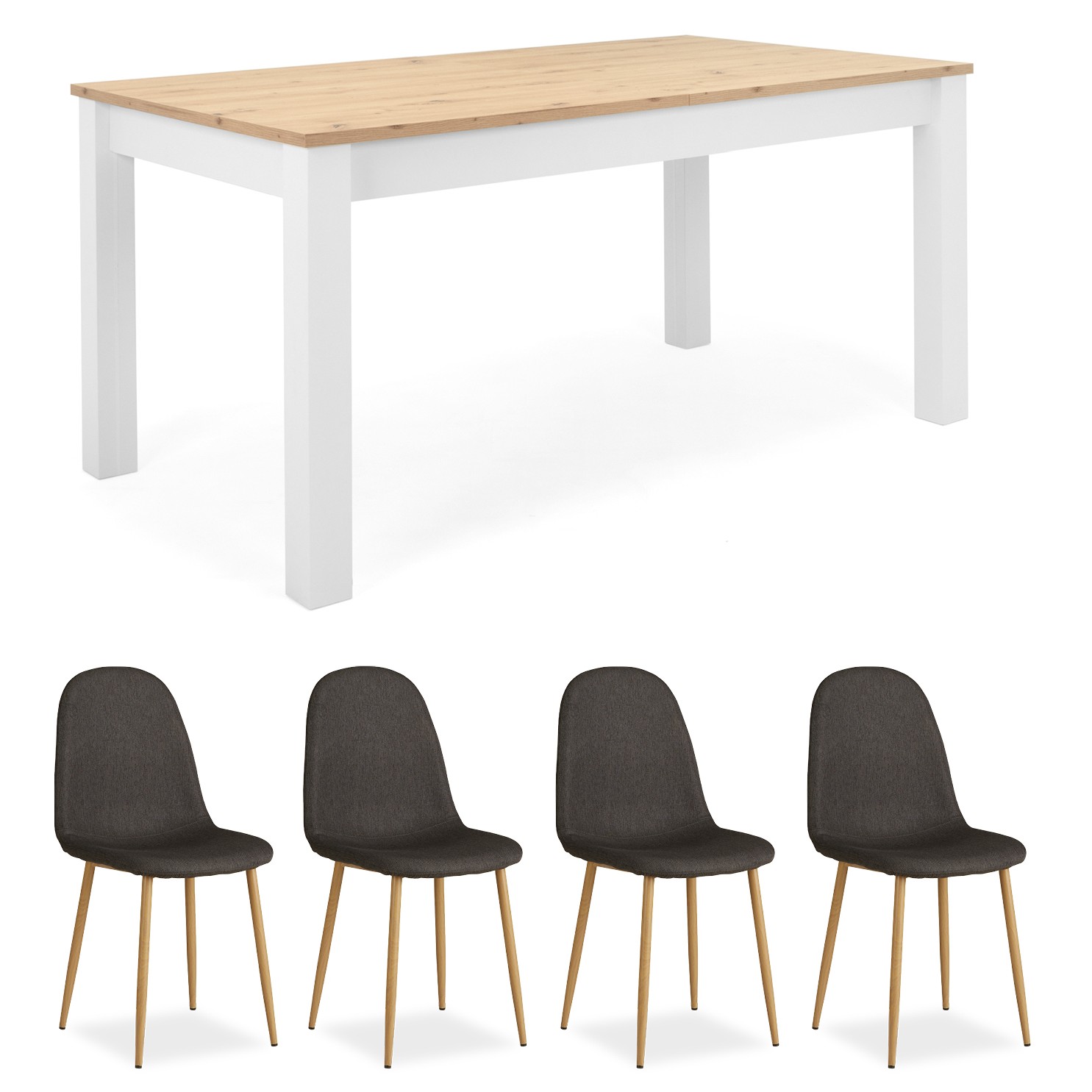 Dining set | 4-piece set upholstered chairs anthracite without armrest | dining table white und oak 160 x 90 cm| extendable 215 cm