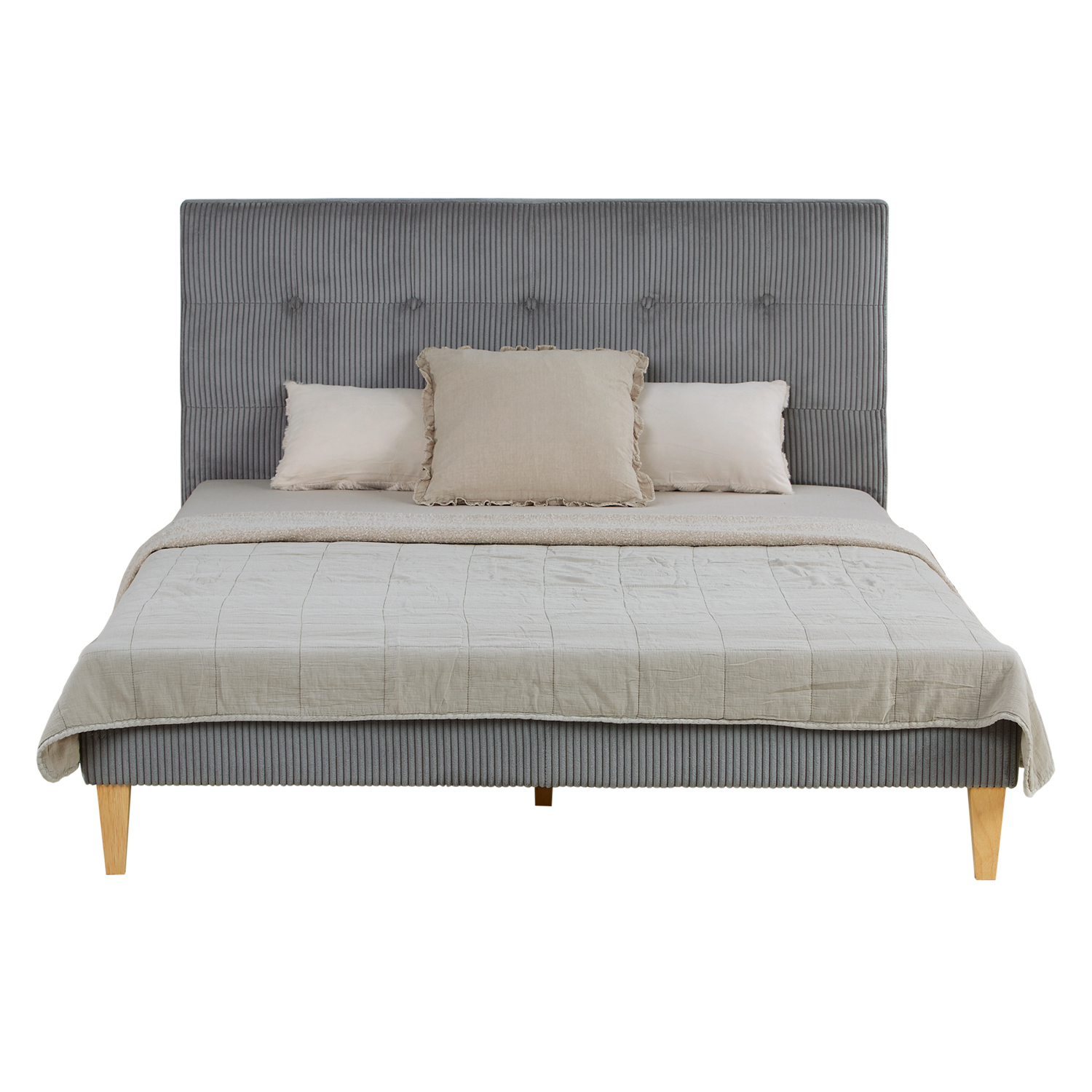 Small Double Bed 140x200 cm Grey Cord Upholstered Bed with Slatted Frame Fabric Bed Frame