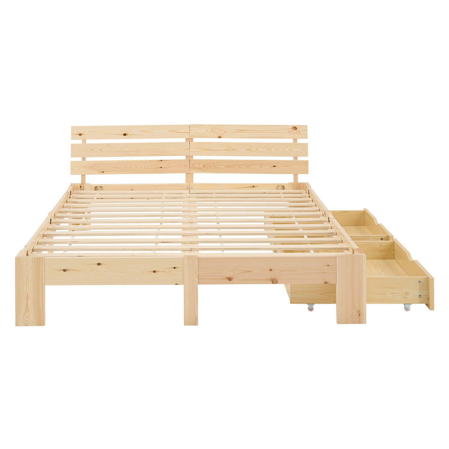 Wood Bed 140x200 cm Natural | Double Bed with Storage 2 Drawers | with Slatted Frame | Solid | Kids Youth Guest Bedroom
