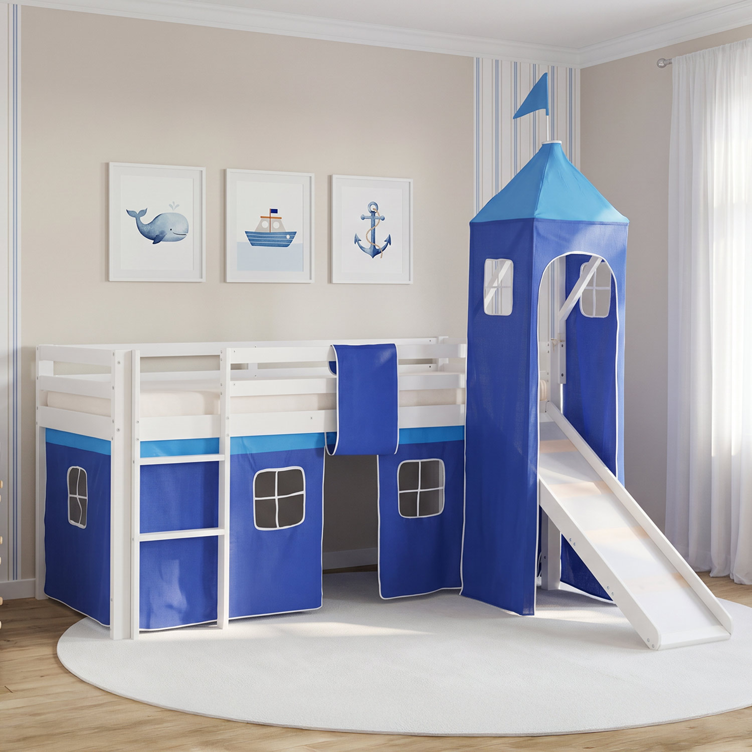 Children's Loft Bed 90x200 cm White with Blue Curtain | Tunnel | Tower | Slide | Without Slatted Base