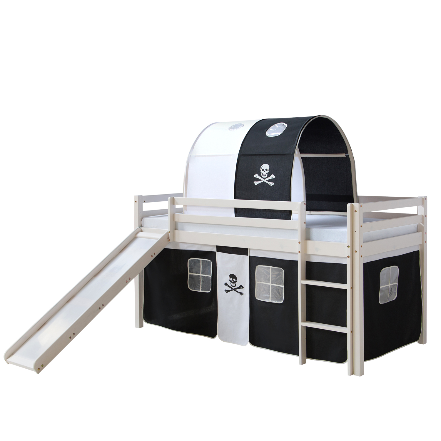 Loft Bed Kids 90x200 cm White with Curtain Black | Tunnel | Slide | without Slatted Frame Loftbed with Mattress 90x200 cm Slide Bunk bed Childrens bed Solid Pine Wood Curtain Tunnel Black Pirate Slatts