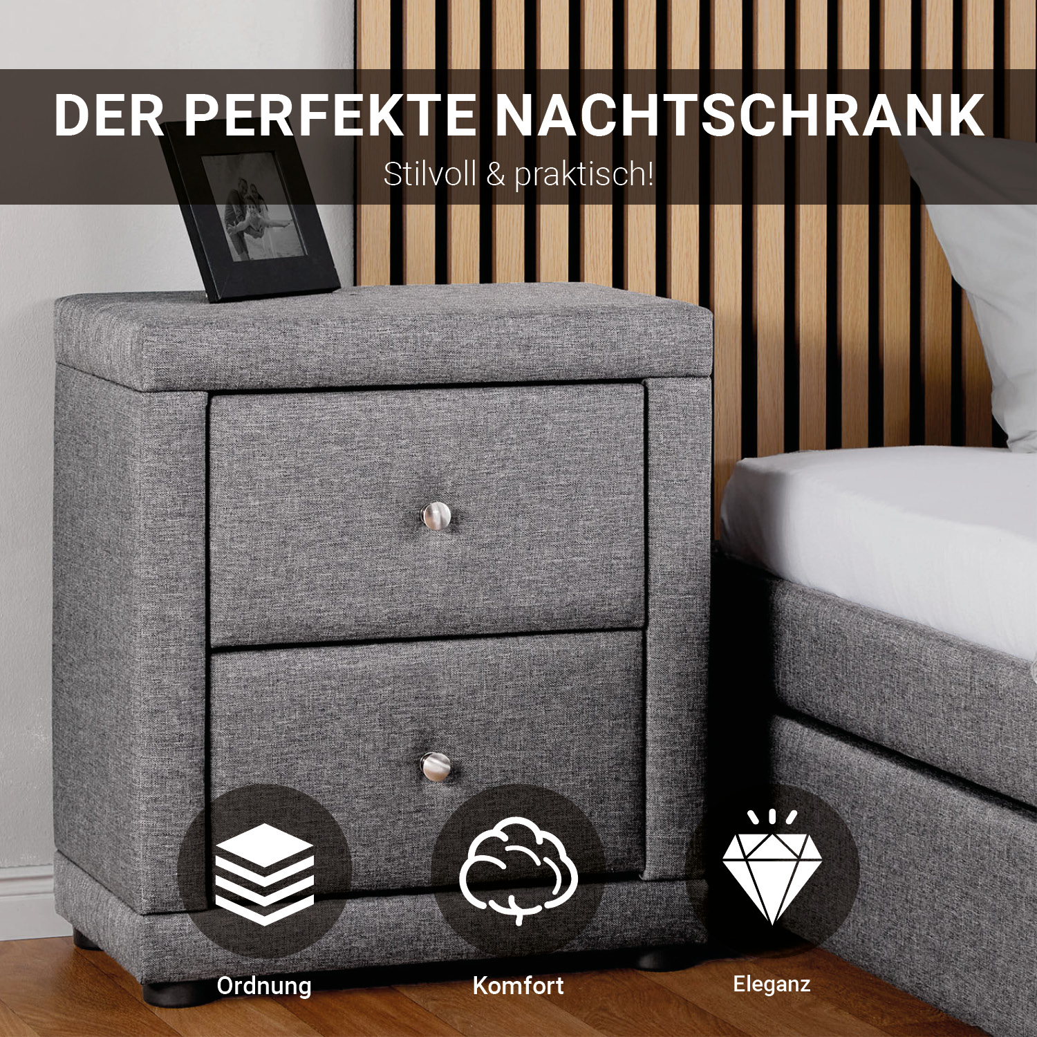 2 Bedside tables Nightstand bedroom 2 Chest drawers Side table Grey fabric