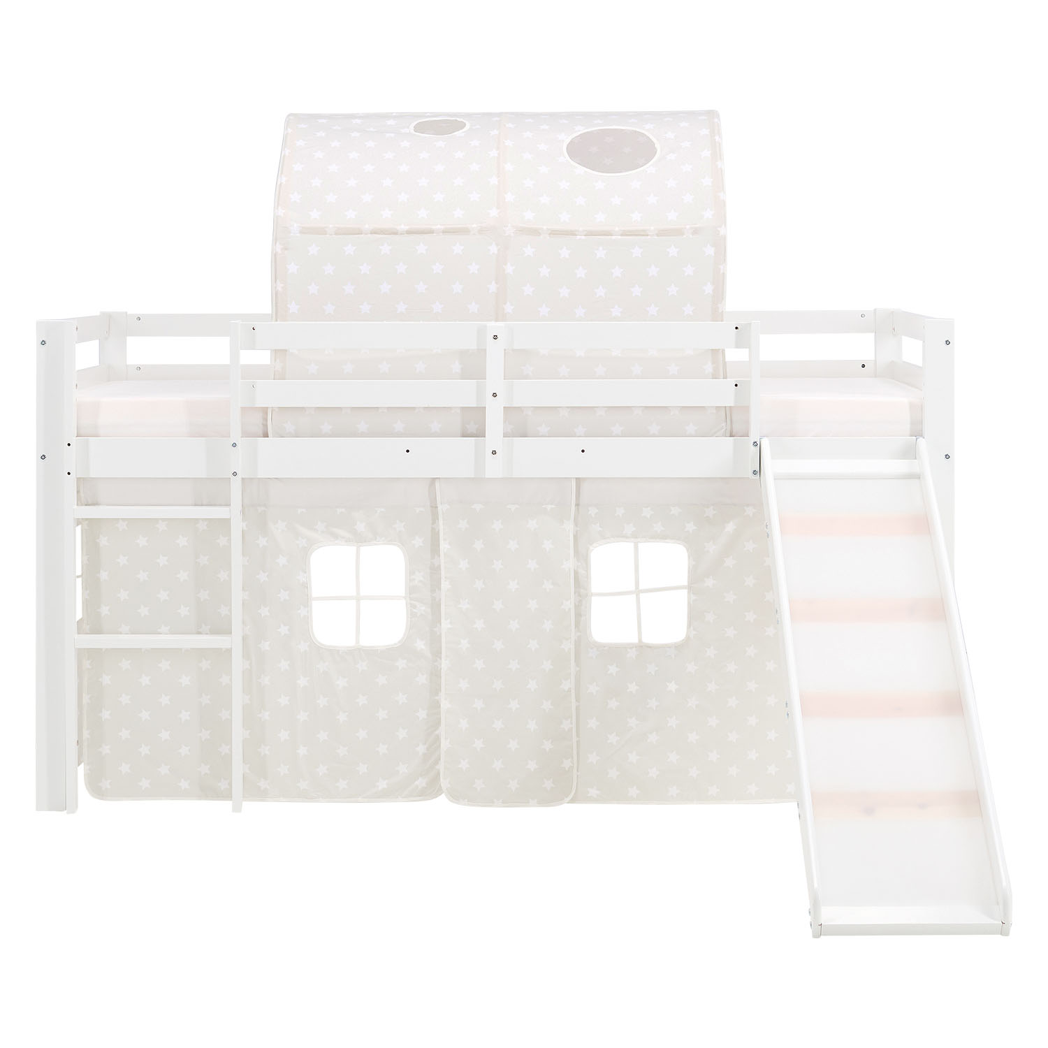 Children's Loft Bed 90x200 cm White with Star Curtain | Tunnel | Slide | Includes Slatted Base | Includes Mattress