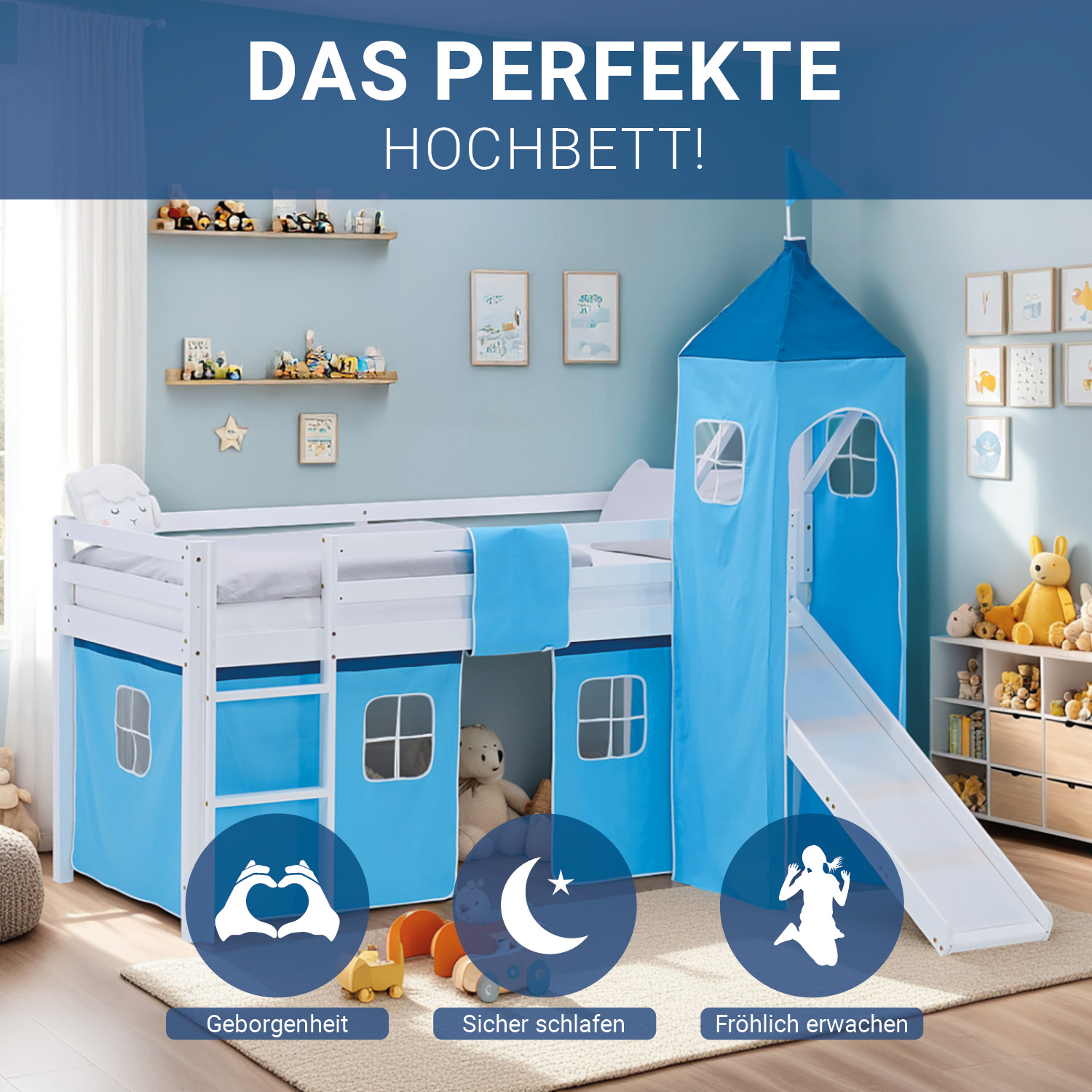 Loft Bed for Kids 90x200 cm White with Curtain in Blue | Slide | Tower | with Slatted Frame and Mattress