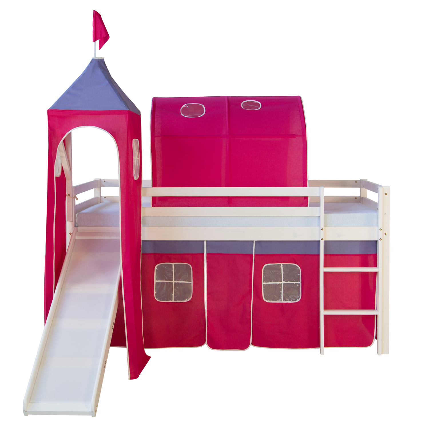 Loft Bed Kids 90x200 cm White with Curtain in Pink | Tunnel | Tower | Slide | without Slatted Frame Loftbed 90x200 cm with Tower Tunnel Slide Mattress Bunk bed Childrens bed Solid Pine Wood Slats Curtain Pink