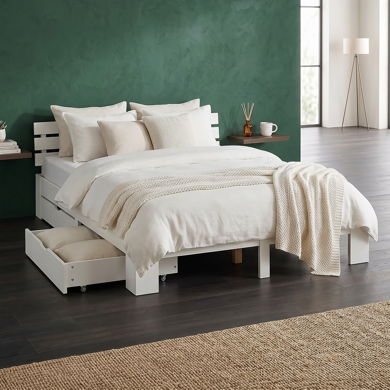 Wood Bed 140x200 cm White | Double Bed with Storage 2 Drawers | with Mattress | Solid | Kids Youth Guest Bedroom