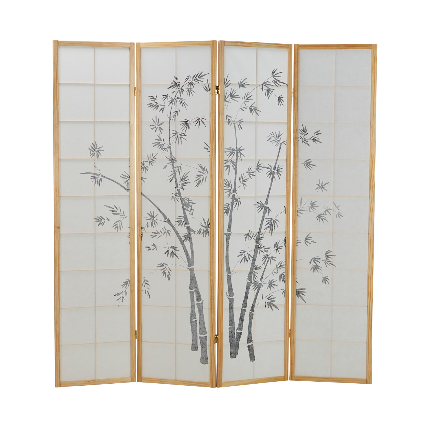 Paravent room divider 3 parts, natural wood, white rice paper, bamboo pattern, height 179 cm