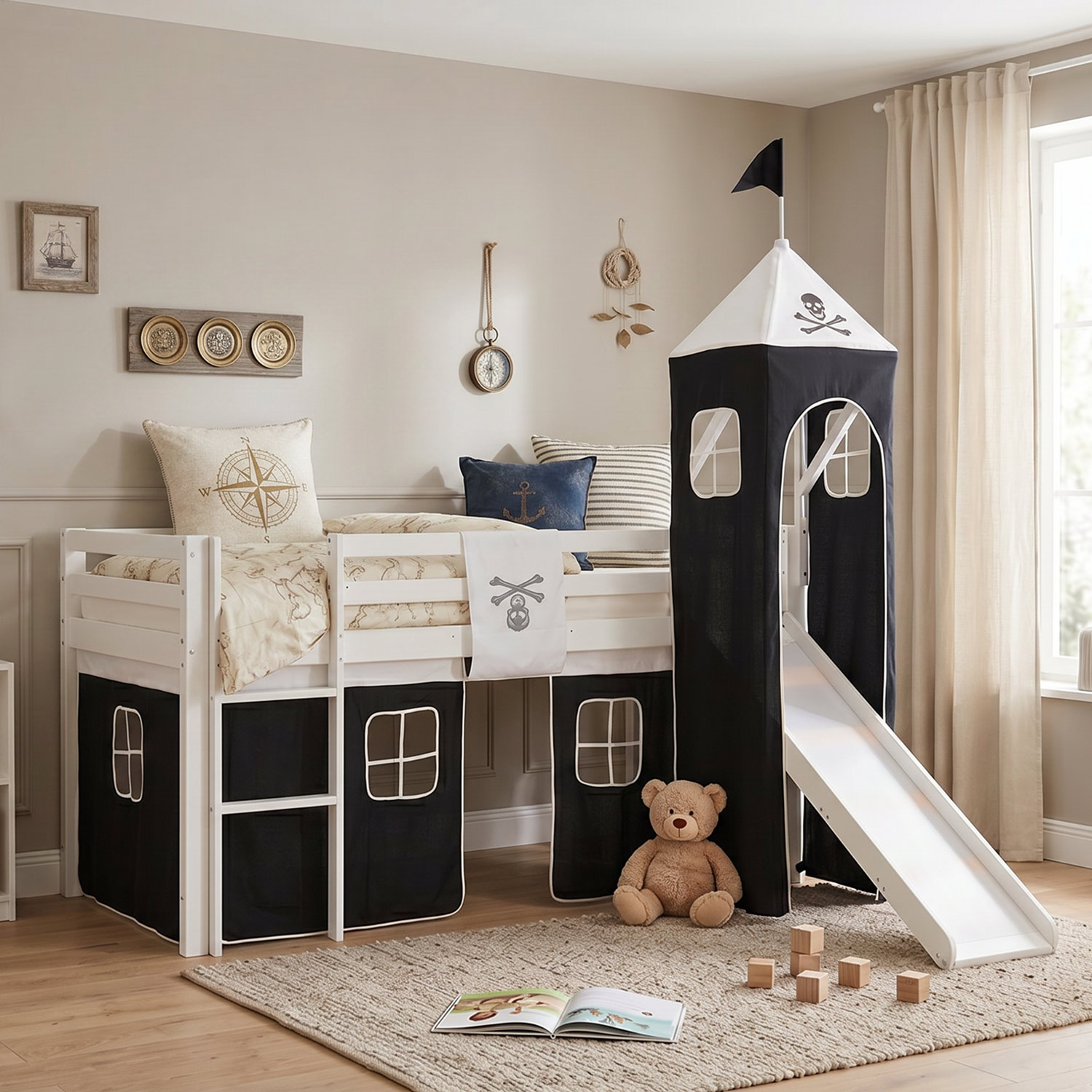 Children's Loft Bed 90x200 cm White with Black Curtain | Tower | Slide | With Slatted Base | For Boys | Pirate