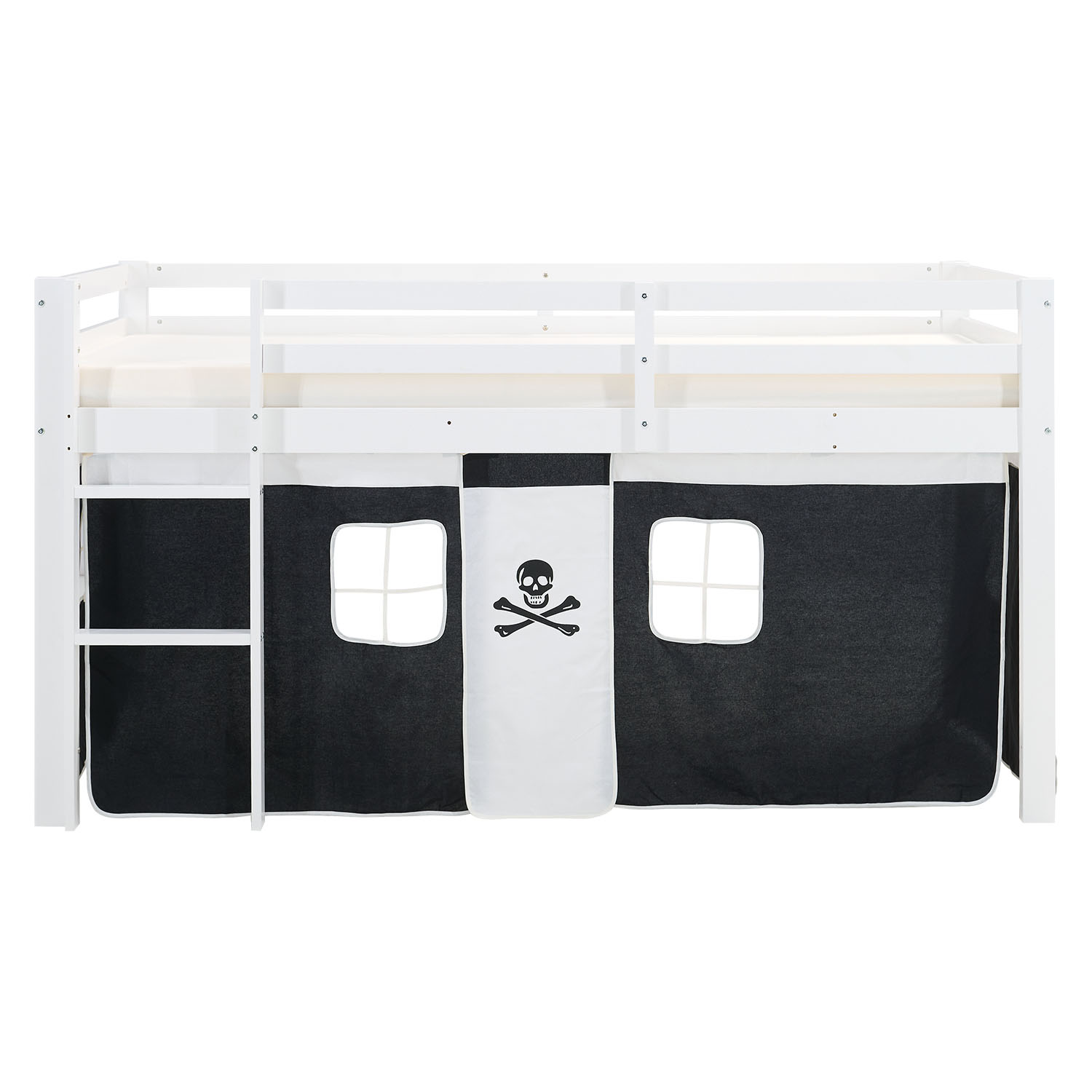 Children's loft bed, 90x200 cm, white with black curtain | includes slatted base