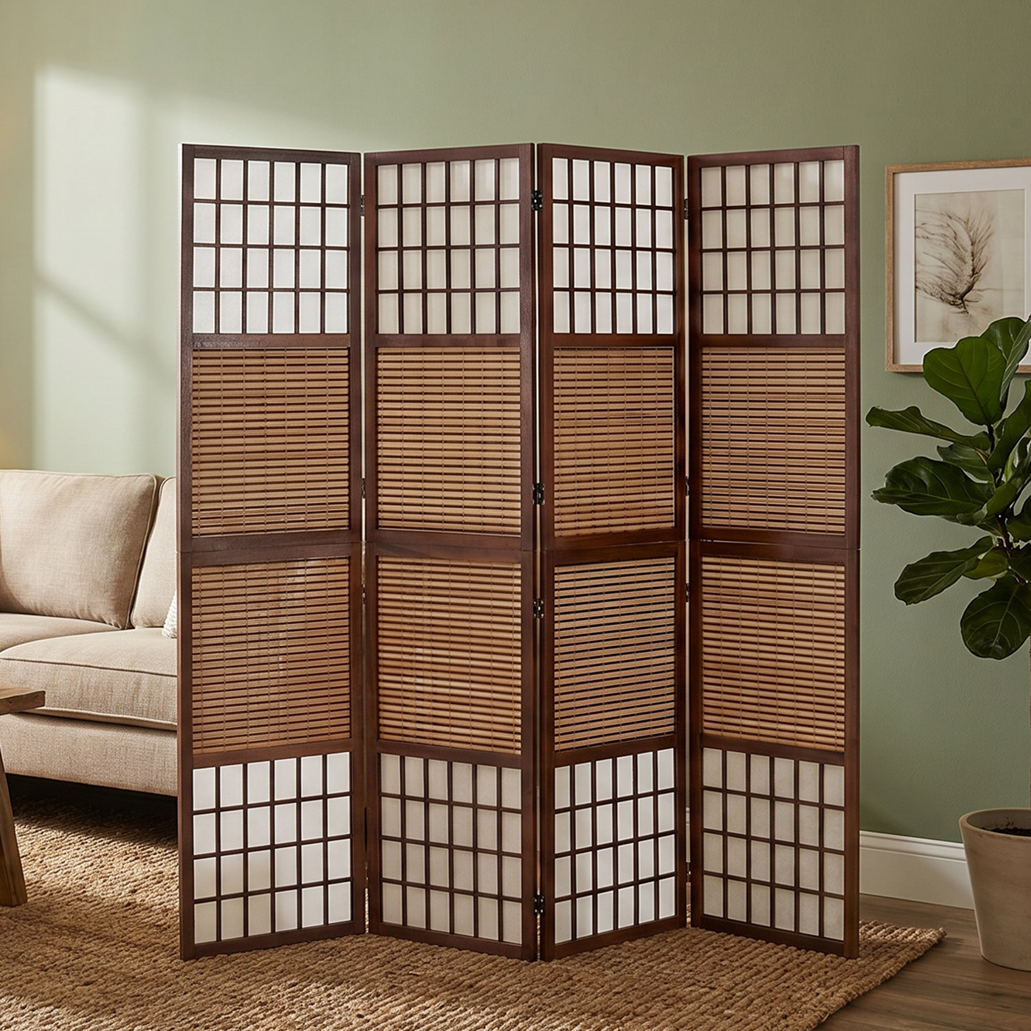 Brown Bamboo & Shoji Screen – 4-panel wooden screen