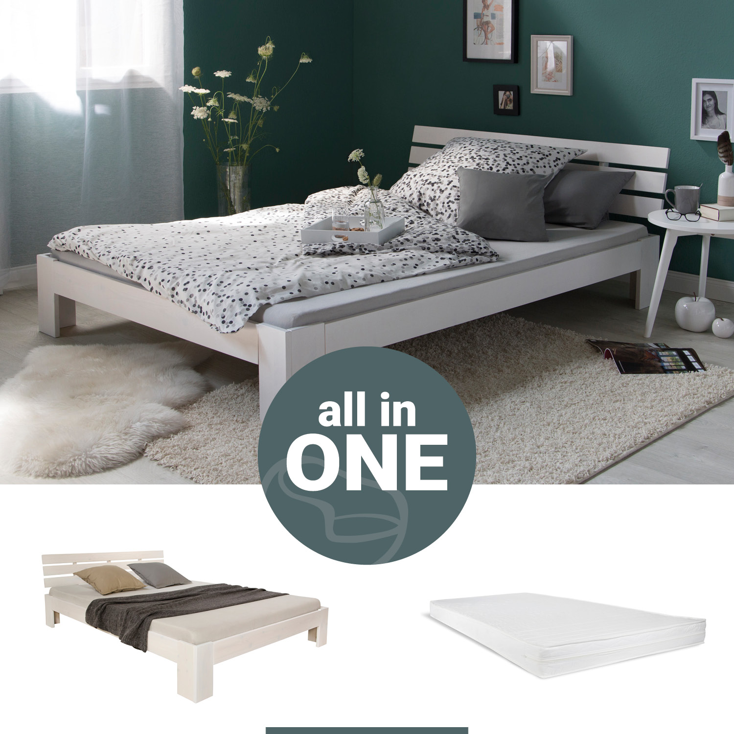 Double Bed with Mattress and Slatted Frame 120x200 Bed White Solid Pine Wooden Bed Futon Bed