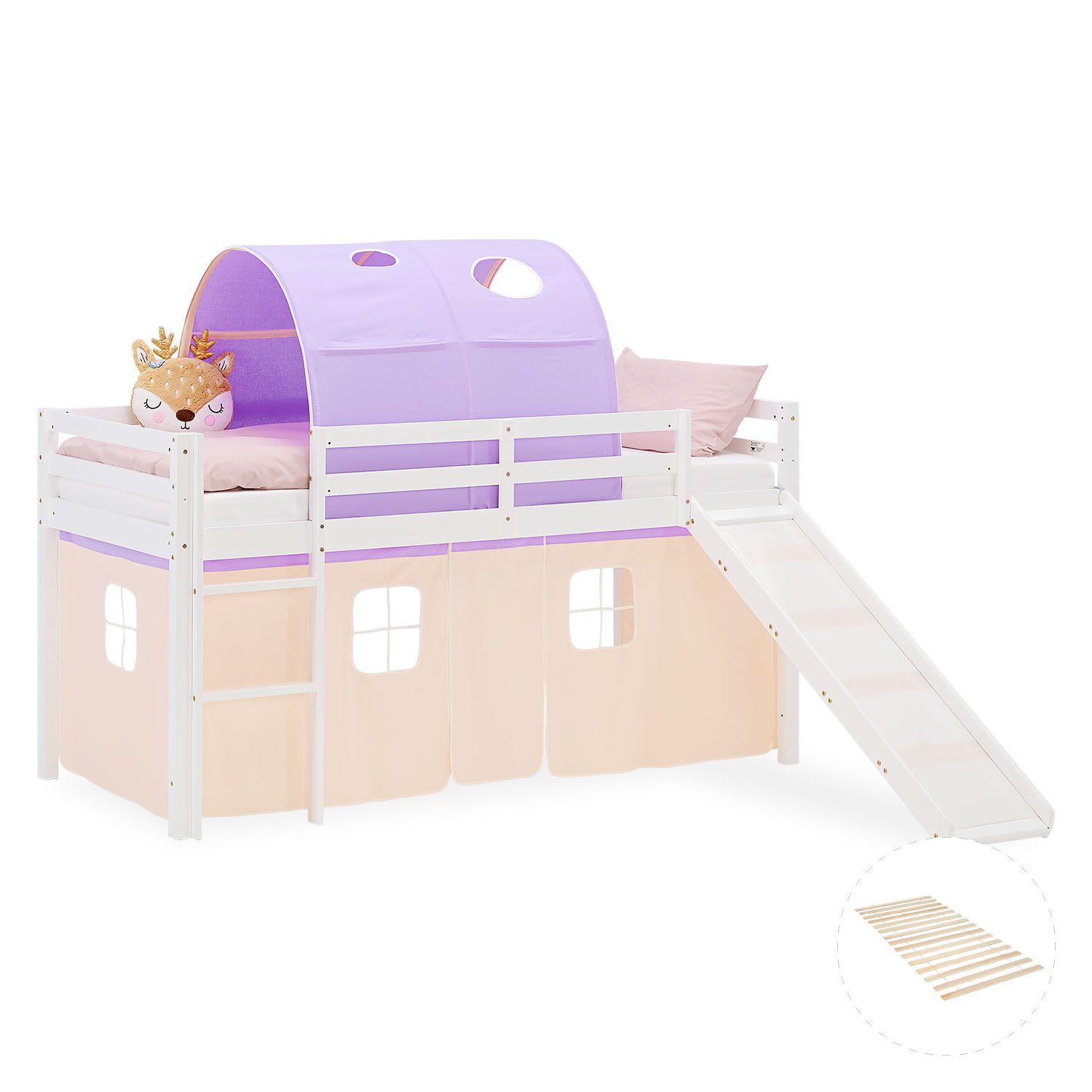 Loft Bed for Kids 90x200 cm White with Curtain & Tunnel in Lilac Beige | Slide | with Slatted Frame