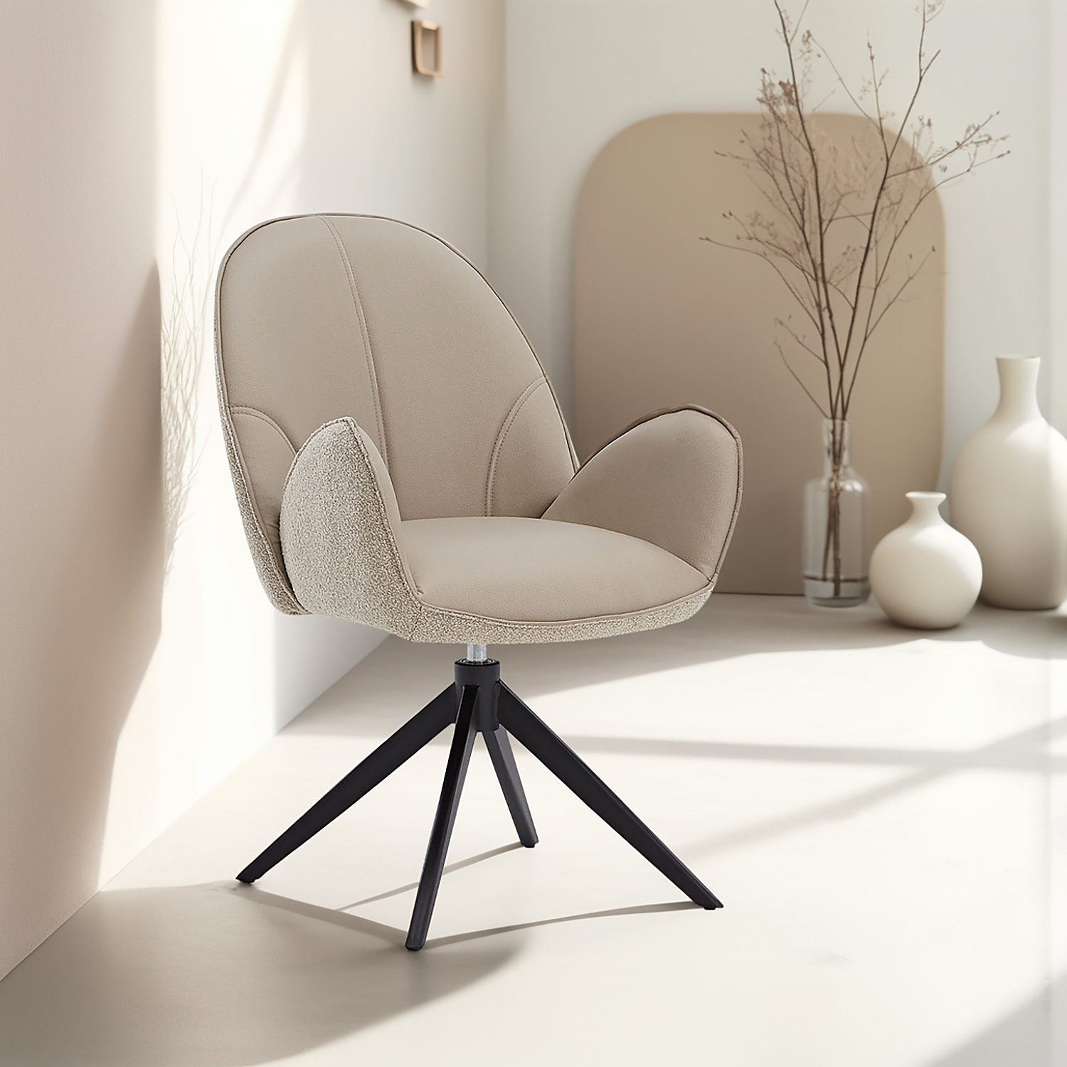 Upholstered Chair Bouclé Leather Beige | single | swivel | with Armrests | Kitchen Dining Room Office