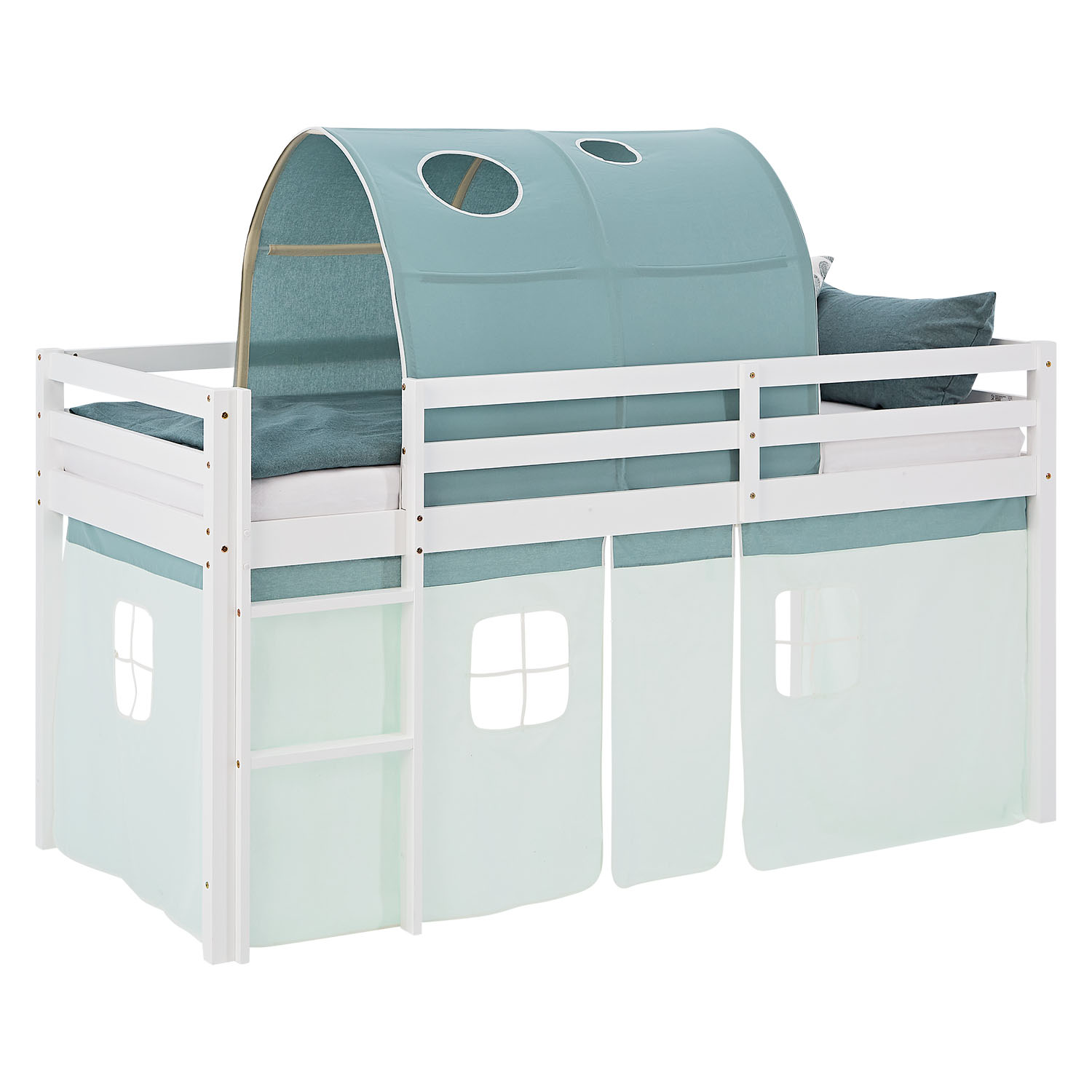 Kinderhochbett in Grün mit Elementen aus Kiefernholz, Lattenrost, Matratze, Spieltunnel und Spielvorhang. Das weiße Hochbett ist mit Matratze und Kissen vor weißem Hintergrund abgebildet. Sichtbar sind eine Leiter, seitliche Schutzgitter, ein Spielvorhang