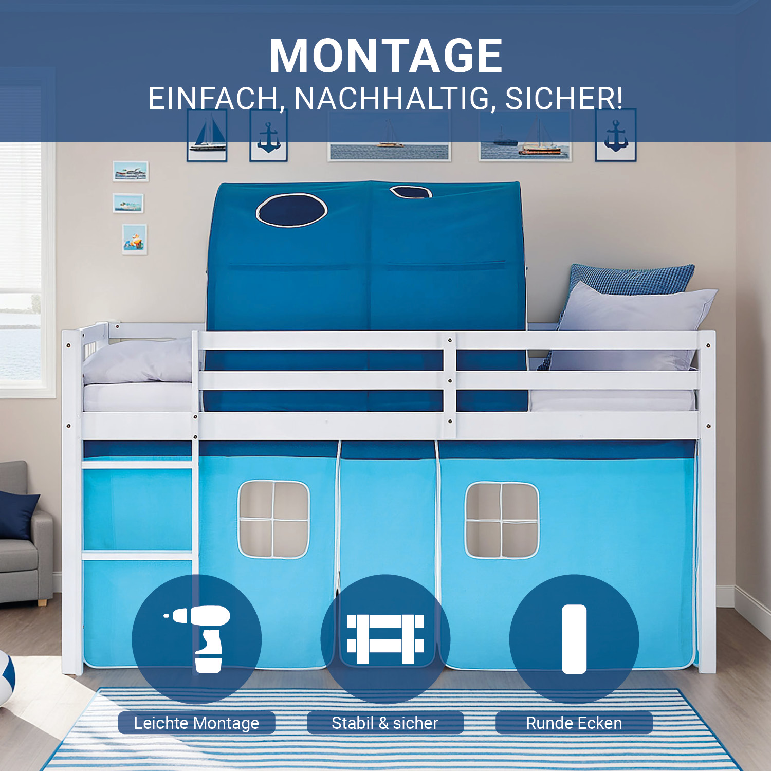 Children's Loft Bed 90x200 cm White with Blue Curtain | Tunnel | Includes Slatted Base and Mattress