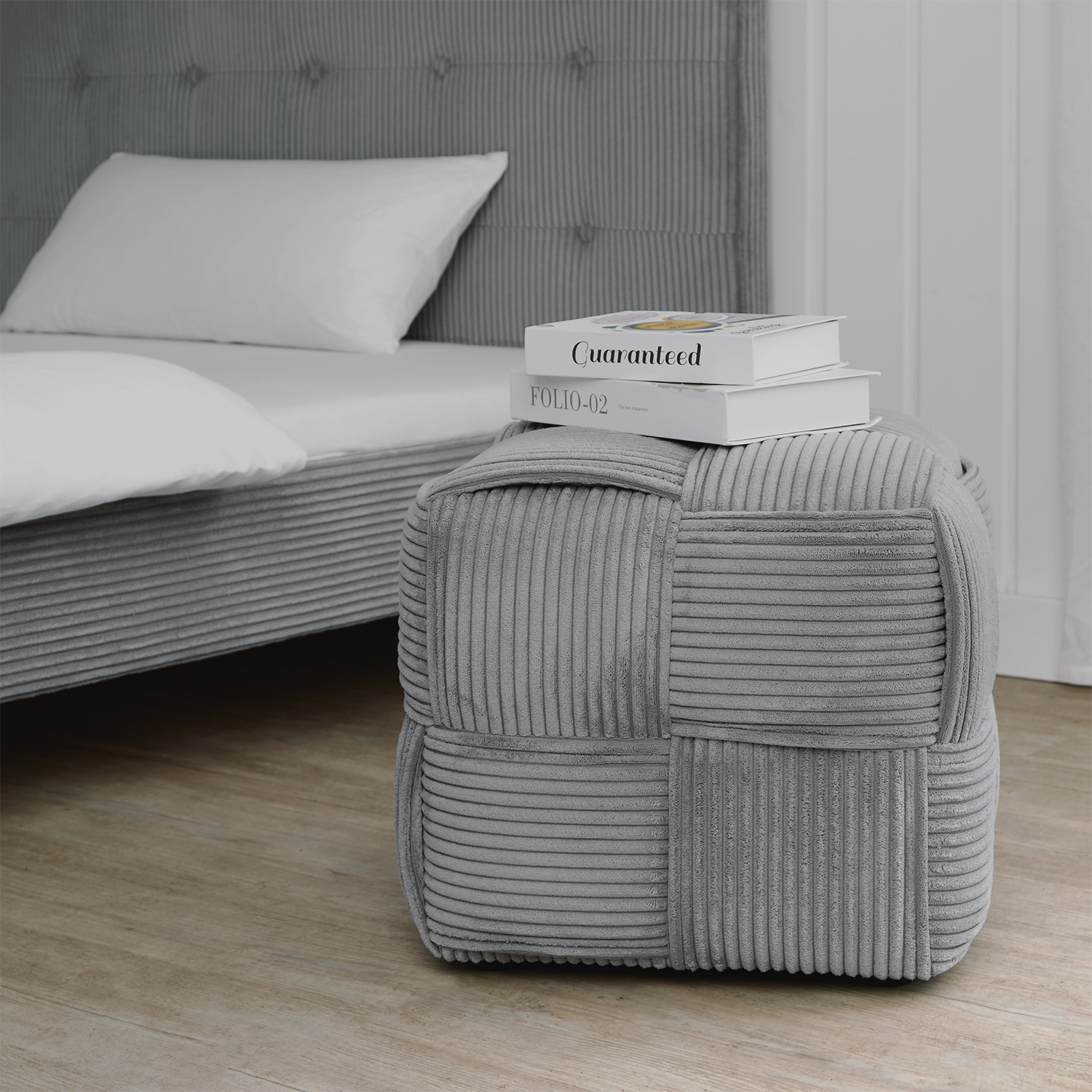 Footstool Pouffe Grey Cord Stool Small Footrest Upholstered Seater Cube Seat
