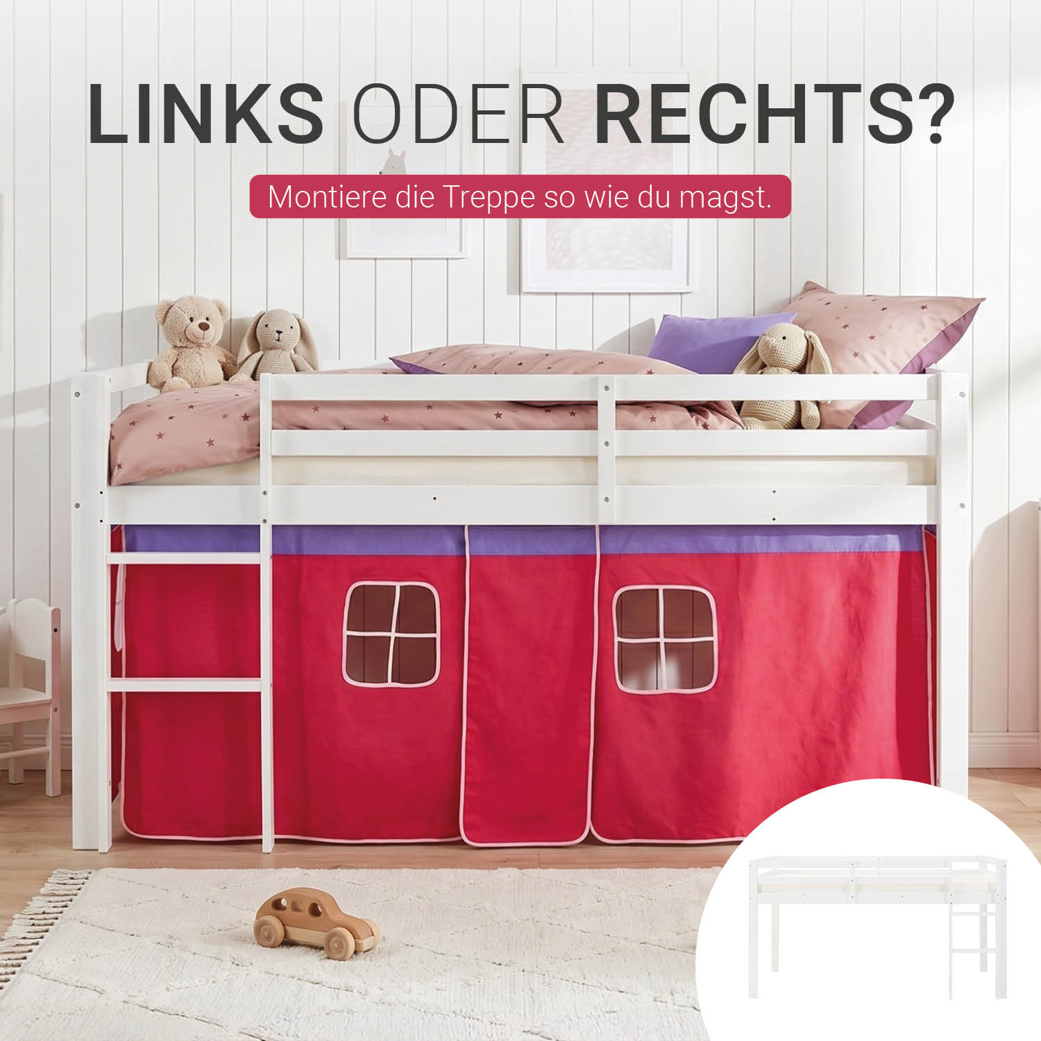 Loft Bed Kids 90x200 cm White with Curtain in Pink | without Slatted Frame
