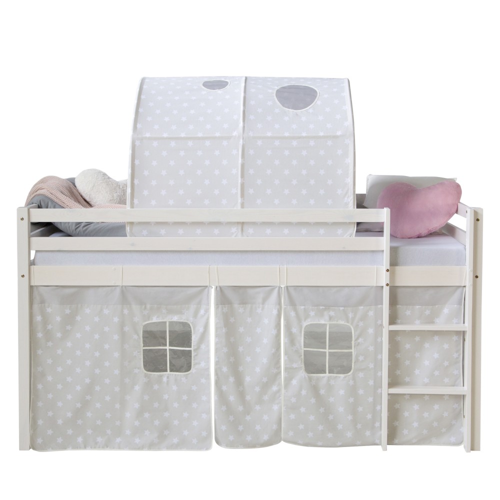 Loft Bed Kids 90x200 cm White with Curtain Stars | Tunnel | without Slatted Frame