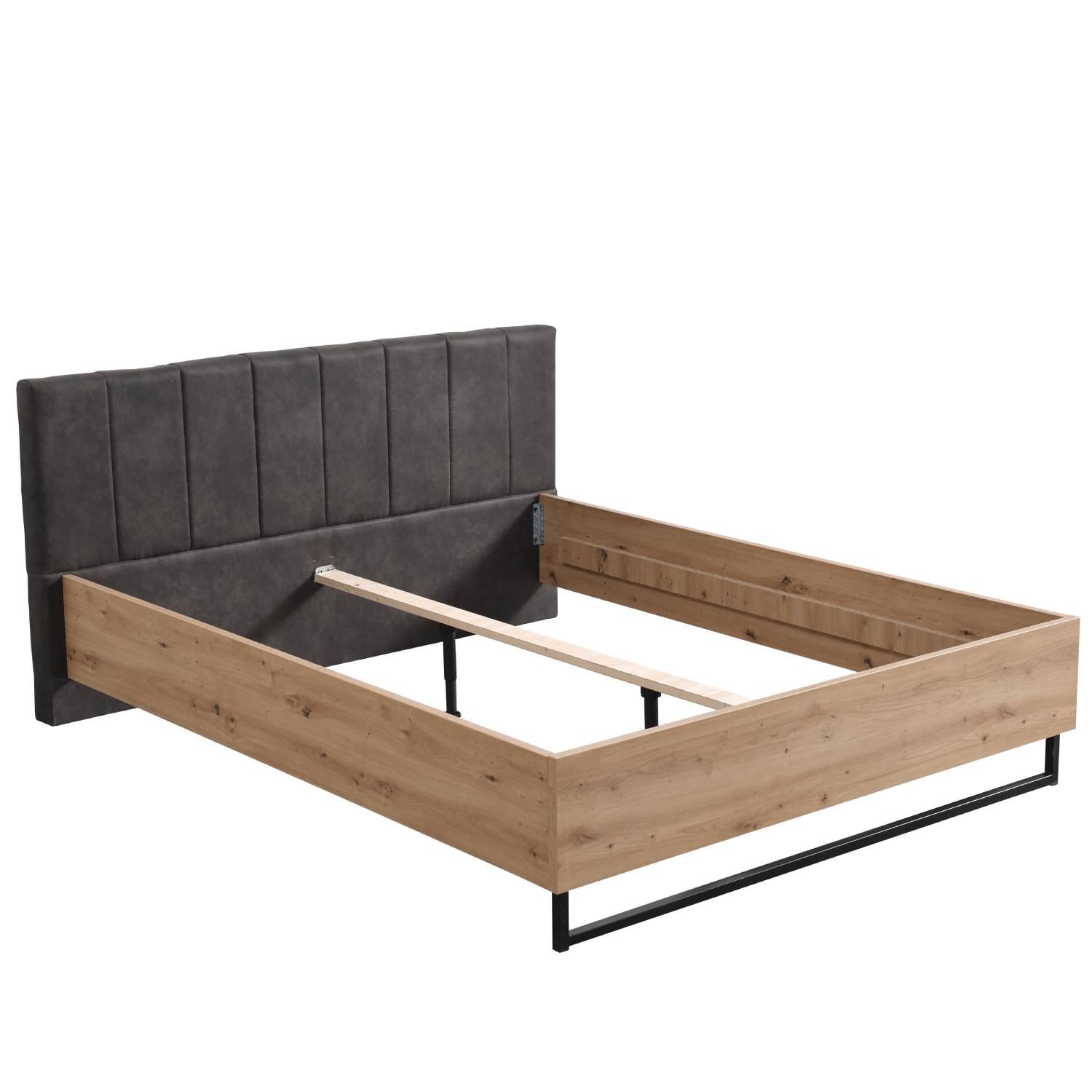 Wooden bed with upholstered headboard 160x200 cm oak und grey | with slatted frame | double fabric bed | industrial style