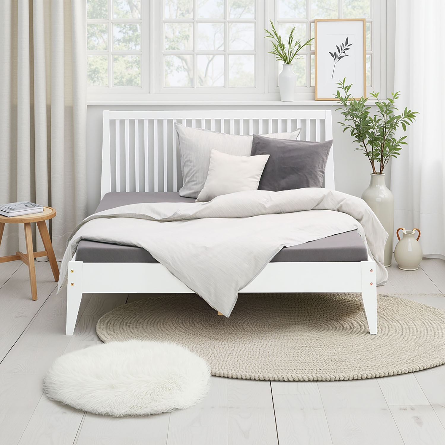 Wood Bed 140x200 cm White | Double Bed | with Slatted Frame | Scandinavian Style | Kids Youth Guest Bedroom