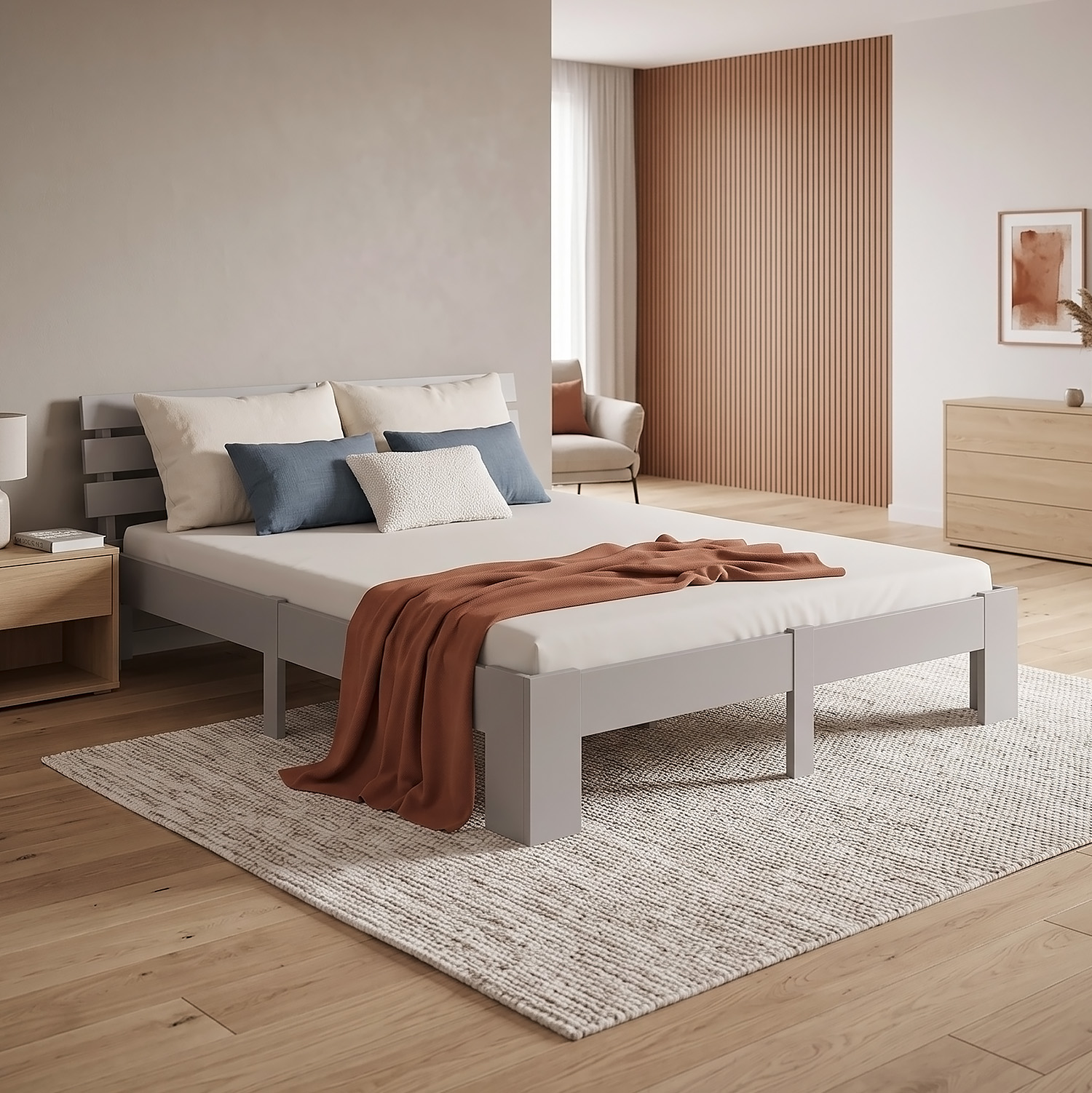 Wood Bed 160x200 cm Gray | Double Bed | with Slatted Frame | Solid | Kids Youth Guest Bedroom