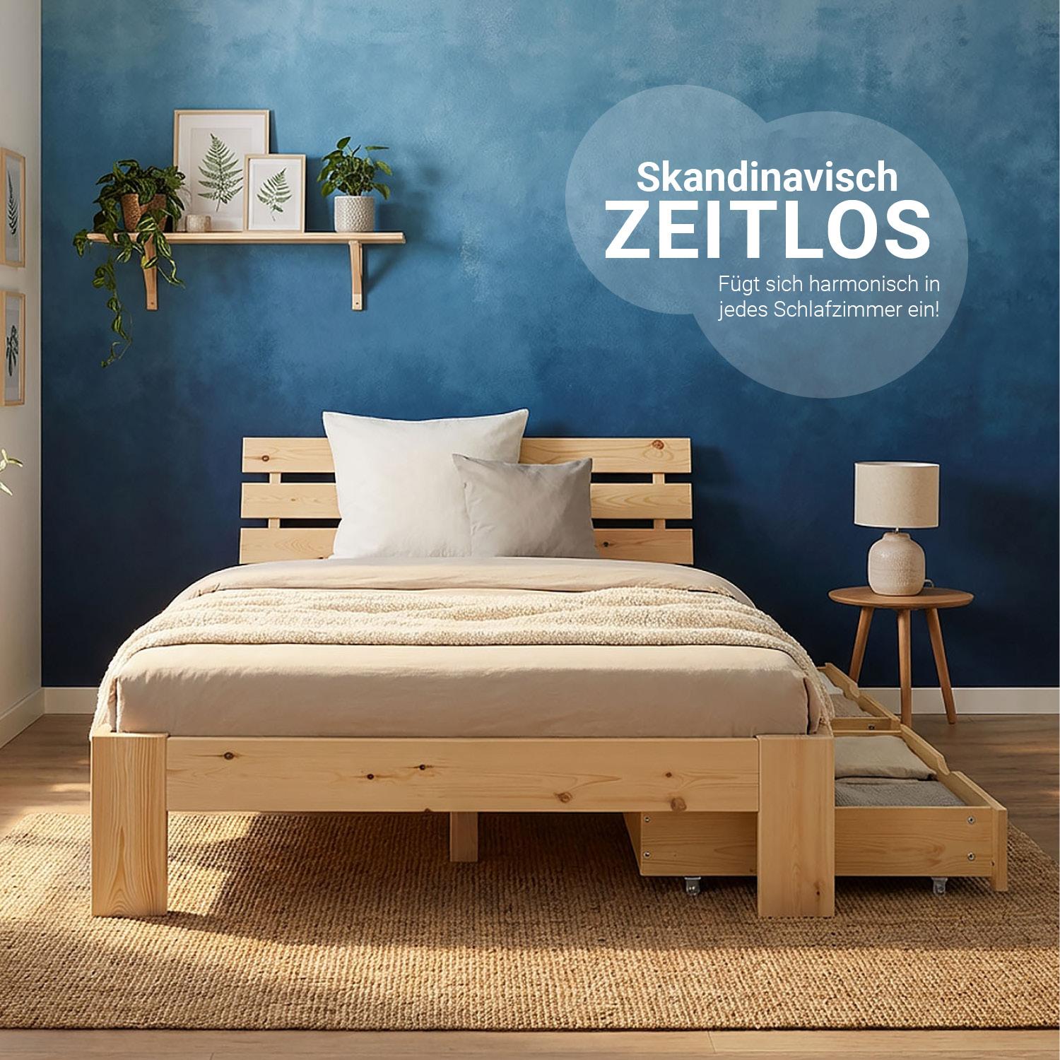 Wood Bed 90x200 cm Natural | Small Double Bed | with Mattress | 2 Drawers | Kids Youth Guest Bedroom