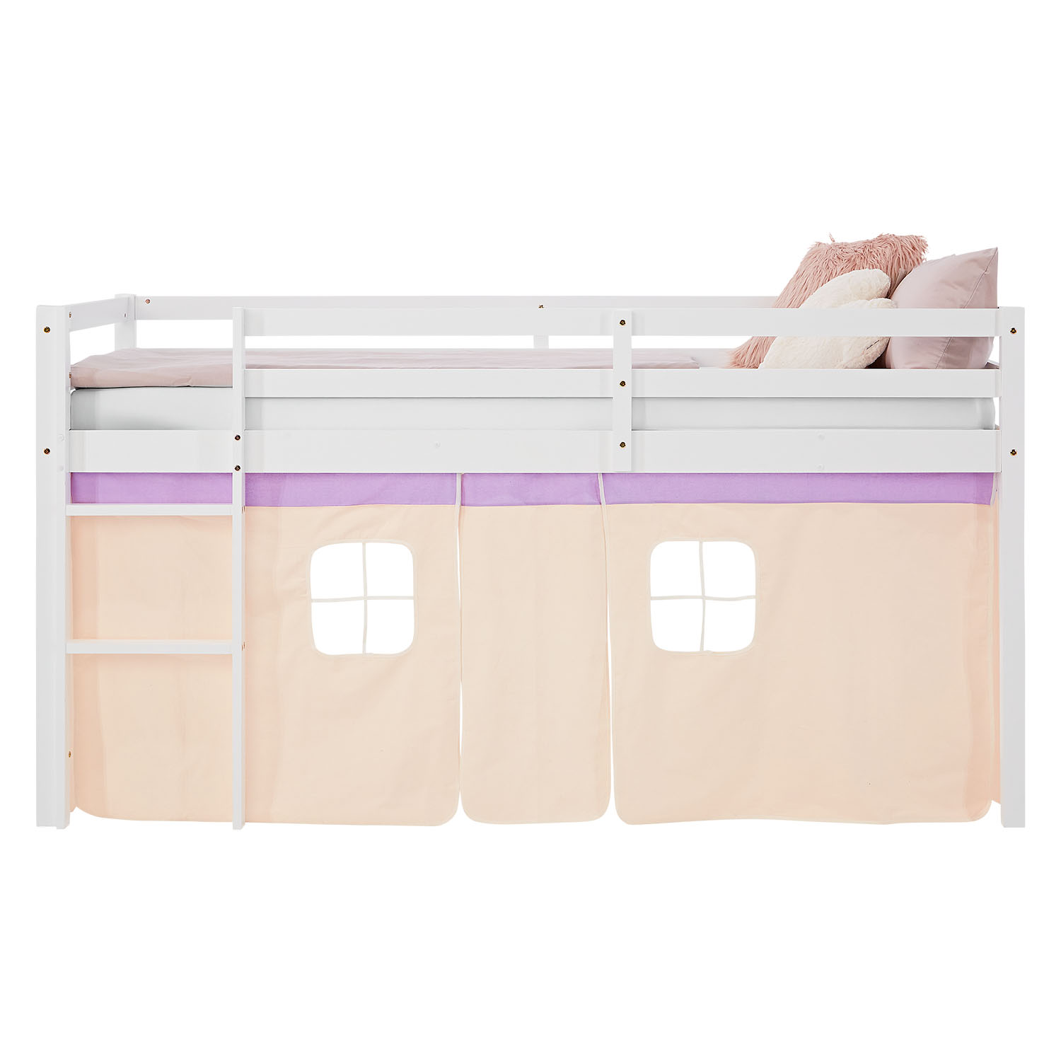 Children's Loft Bed, 90x200 cm, White with Purple-Beige Curtain | Without Slatted Base