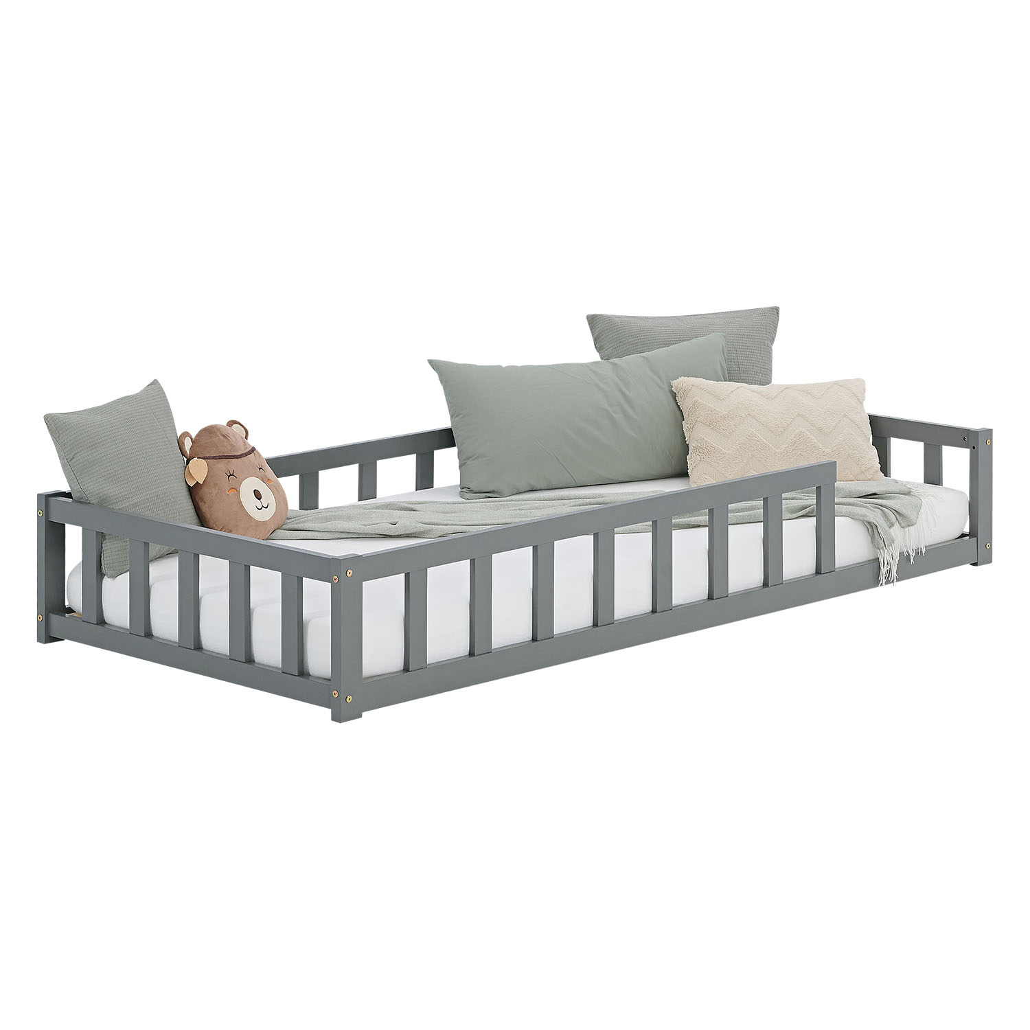 Children's Bed 90x200 Grey | Floor Bed with Mattress & Slatted Frame | with Fall Protection | Montessori