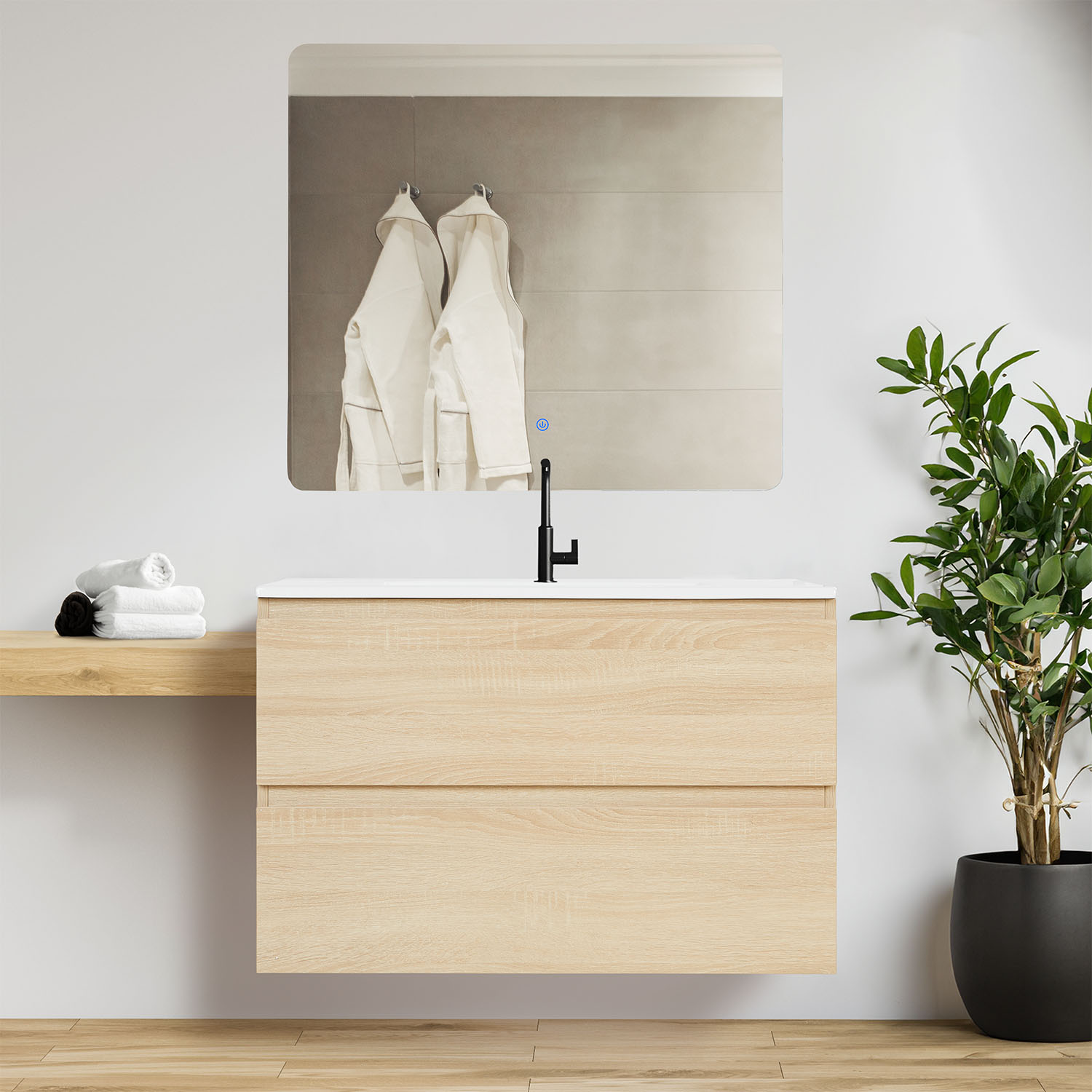 Bathroom cabinet 80 cm Natural Wood Oak Storage Vanity unit Bathroom furniture Sink unit Washroom wall cabinet 