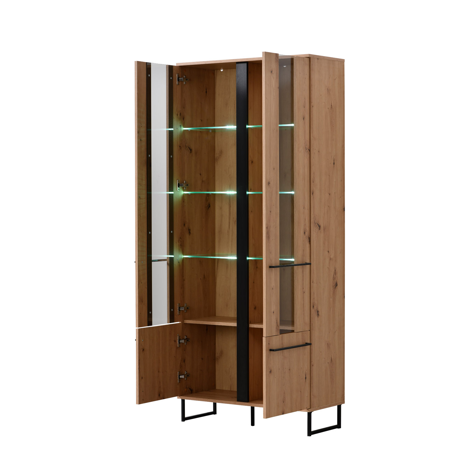 Showcase Highboard Cabinet with compartments Living room cabinet Wood Natural Skid feet Black Showcase Highboard Cabinet with compartments Living room cabinet Wood Natural Skid feet Black