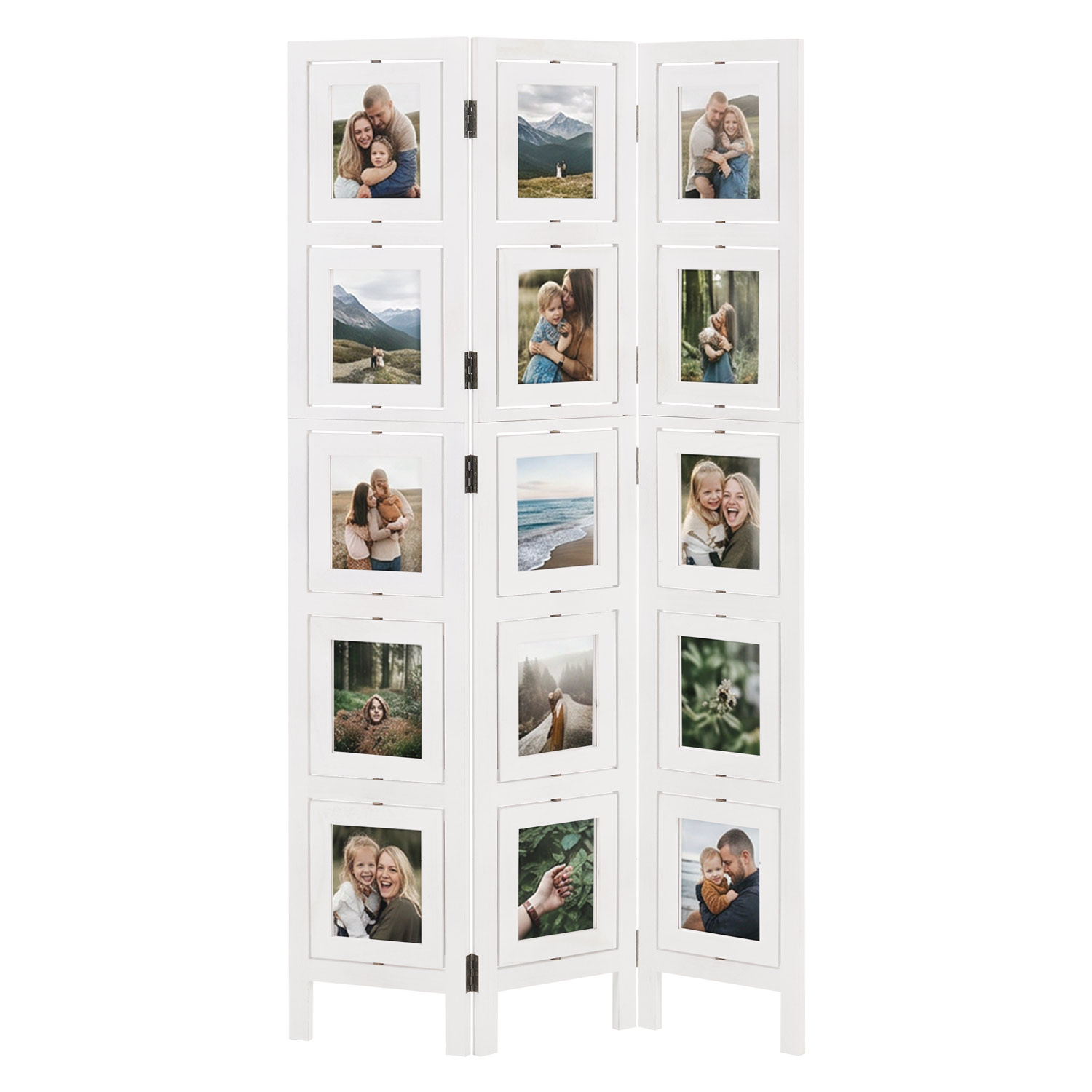 White 3-panel folding screen with photo prints – Modern room divider & decorative privacy screen