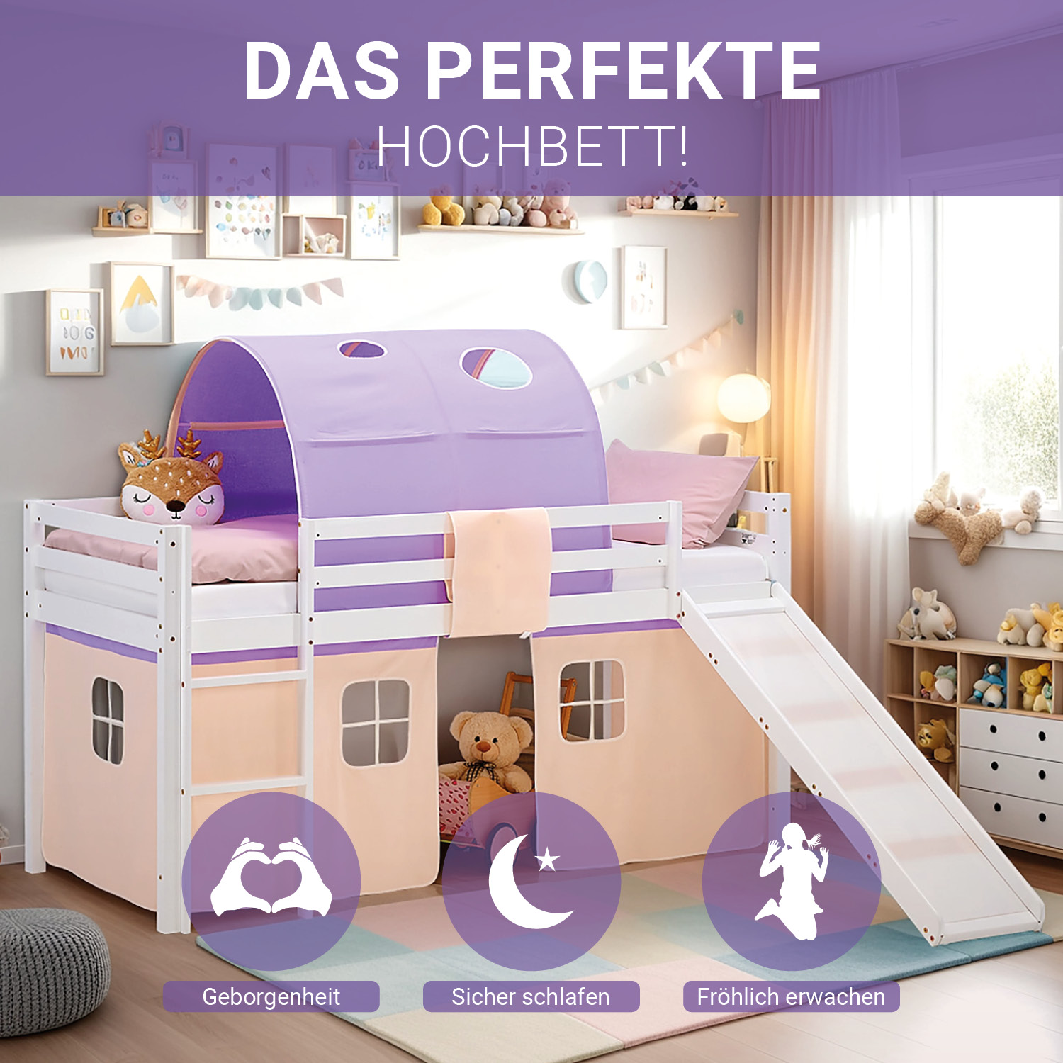 Loft Bed for Kids 90x200 cm White with Curtain & Tunnel in Lilac Beige | Slide | with Slatted Frame and mattress