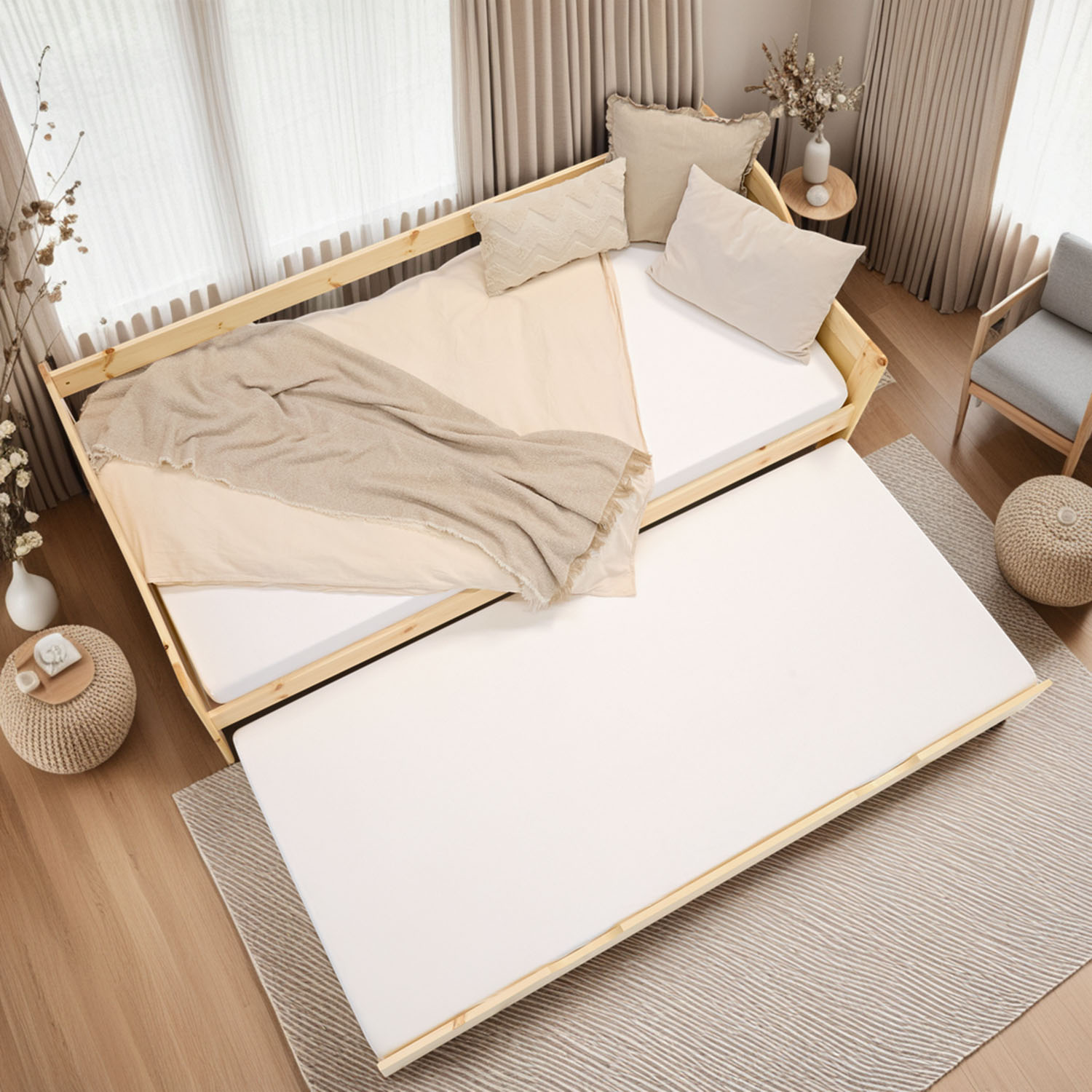 Wood Bed 90x200 cm Natural | Extendable | Cabin Bed | with Mattress | Kids Youth Guest Bedroom