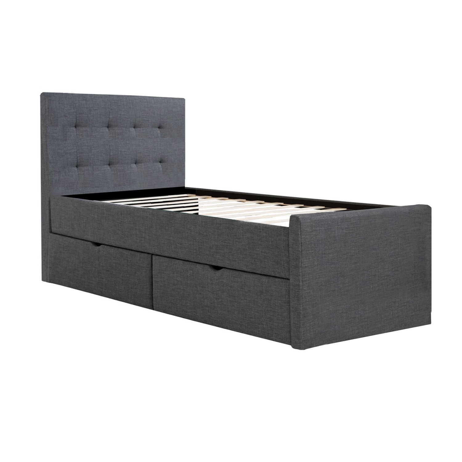 Polsterbett in Anthrazit und Grau mit Stoffbezug und Lattenrost. In der eingerichteten Szene sind eine graue Wand, ein Wandbild, dekorative Kissen und ein heller Boden zu sehen.