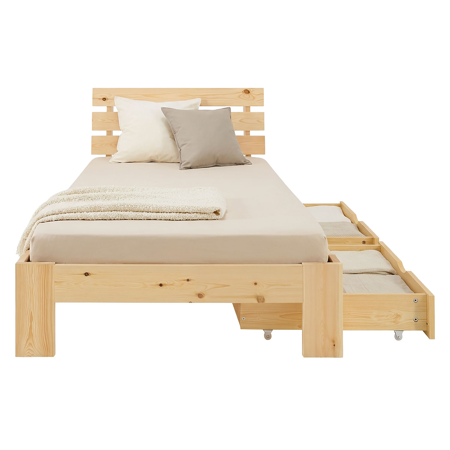 Wooden Bed 90x200 cm, Natural | Single Bed with 2 Underbed Drawers | Incl. Slatted Base | Solid Wood | Child, Teen & Guest Bedroom