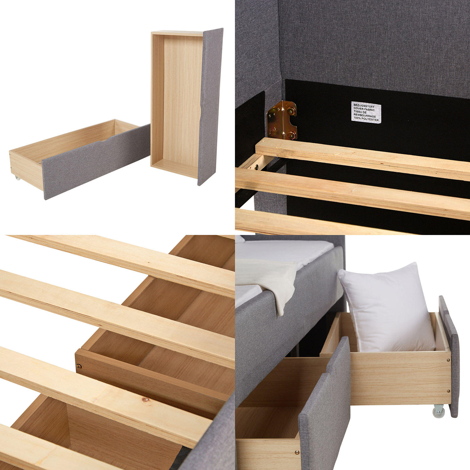 Upholstered Bed 90x200 Grey Bed Drawer Day Bed Sofa Bed Guest Bed Extendable