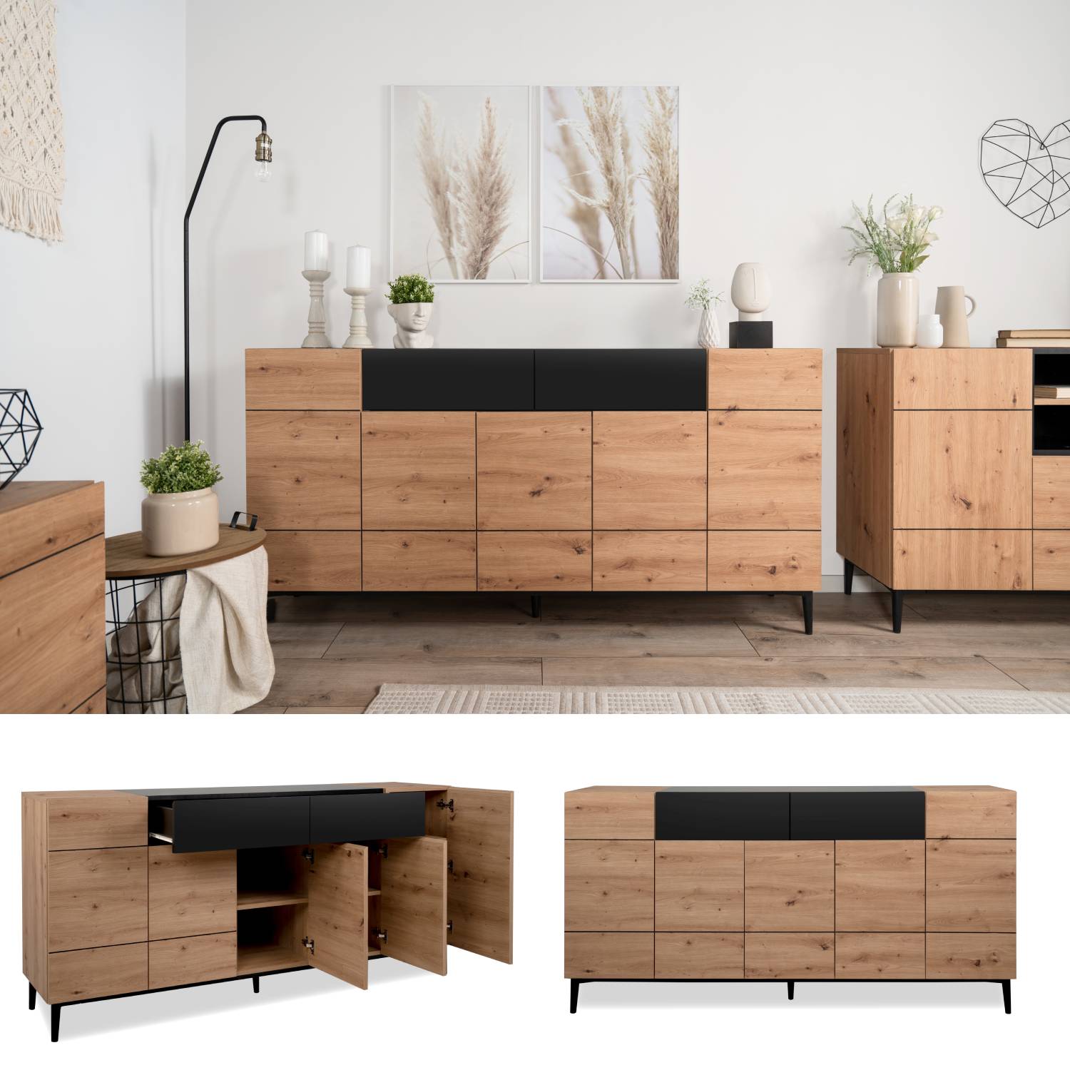 Sideboard Kommode Eiche Holz in Natur Schwarz Wohnzimmerschrank