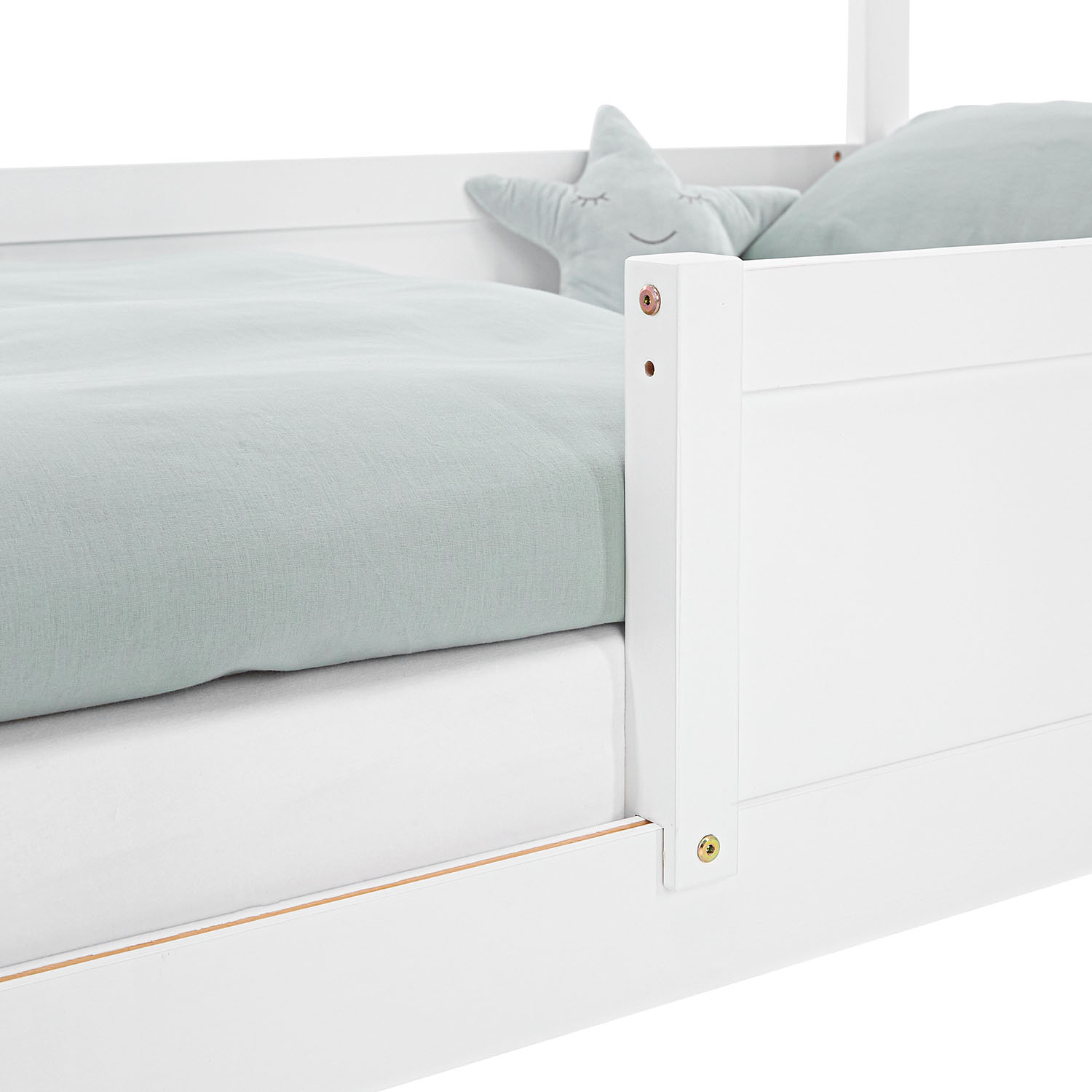 Children's Bed 90x200 cm White with Mattress | House Bed with Fall Protection | Montessori | Single Bed | with Slatted Frame | Wood