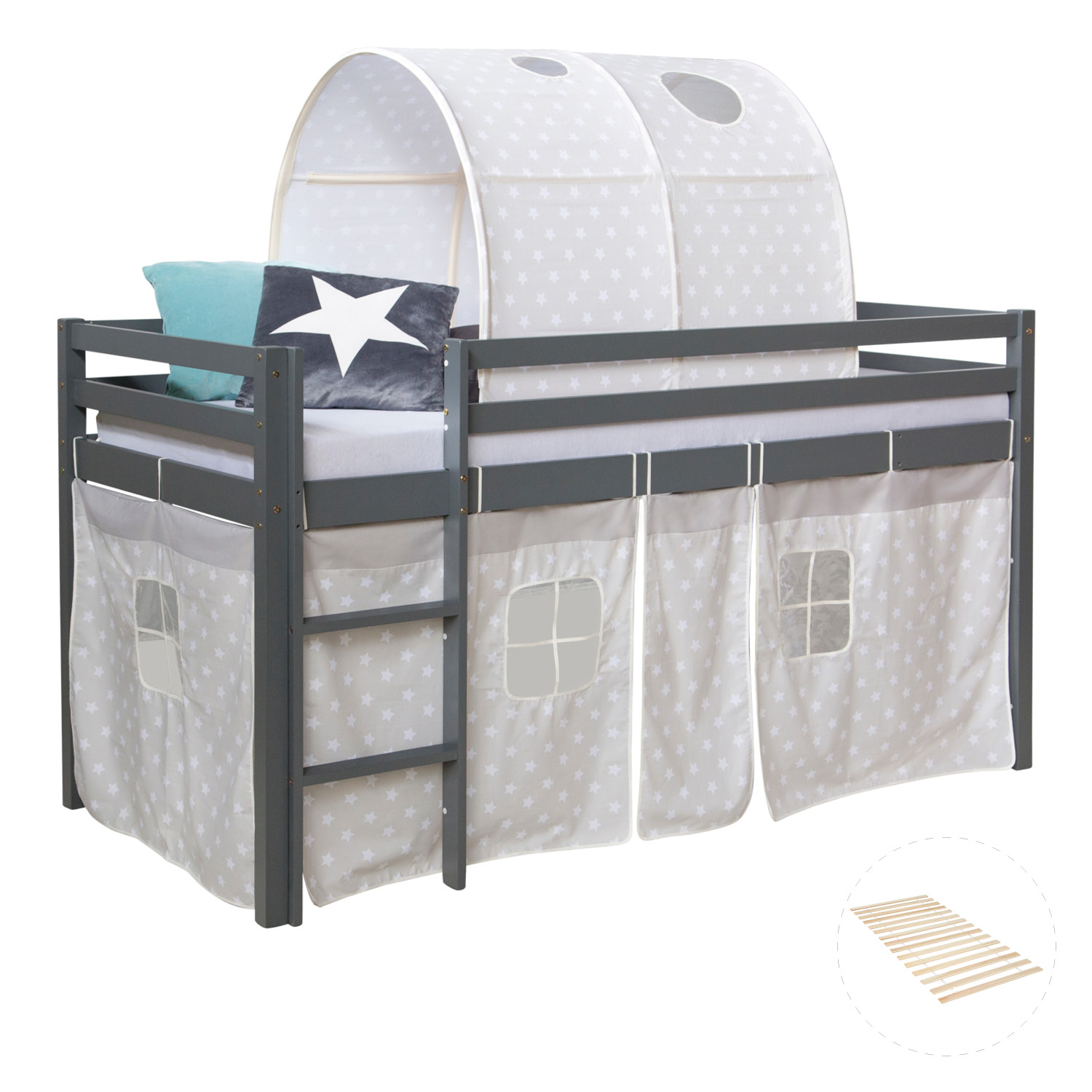 Children's Loft Bed 90x200 cm, Gray with Star Curtain | Tower | with Slatted Base