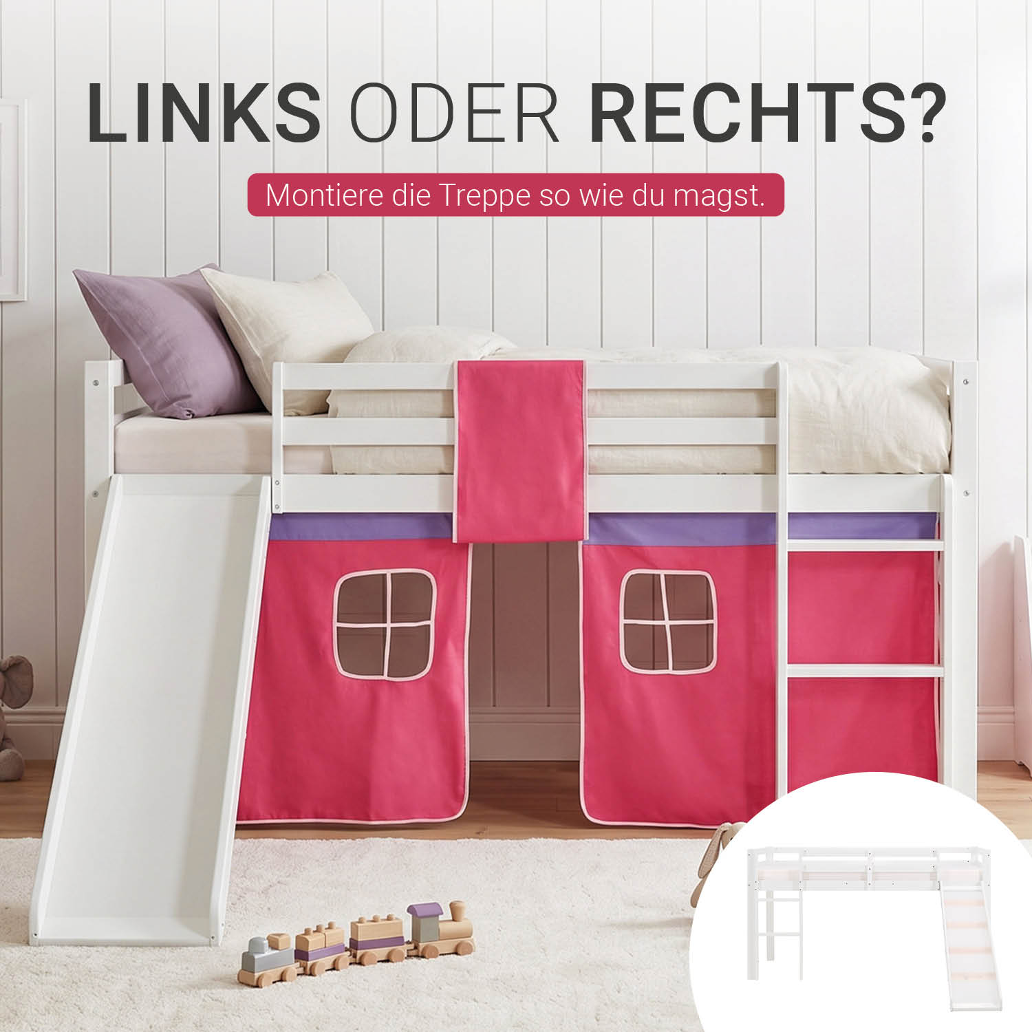 Children's Loft Bed 90x200 cm White with Pink Curtain | Slide | Without Slatted Base