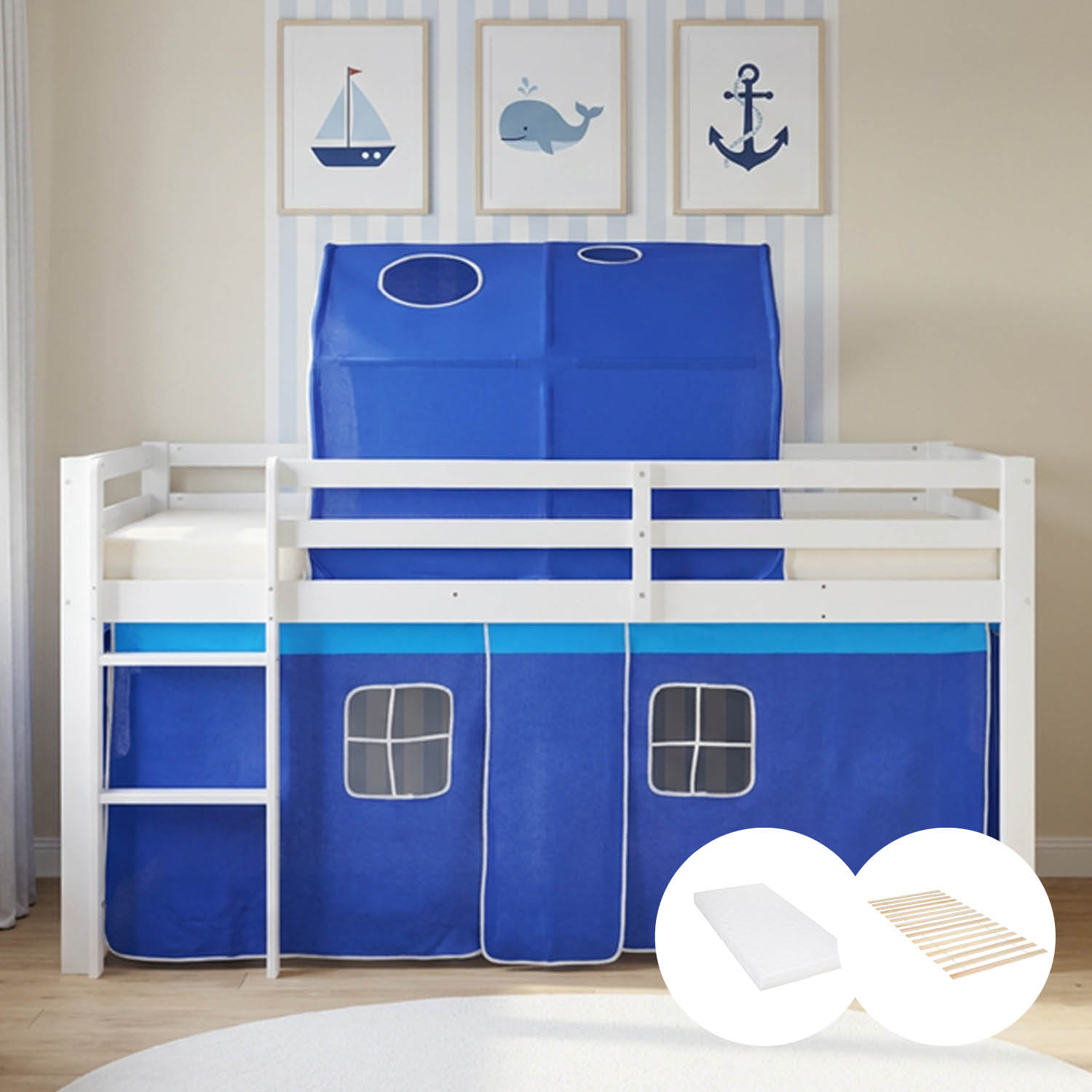 Children's Loft Bed 90x200 cm White with Blue Curtain | Tunnel | with Slatted Base | with Mattress
