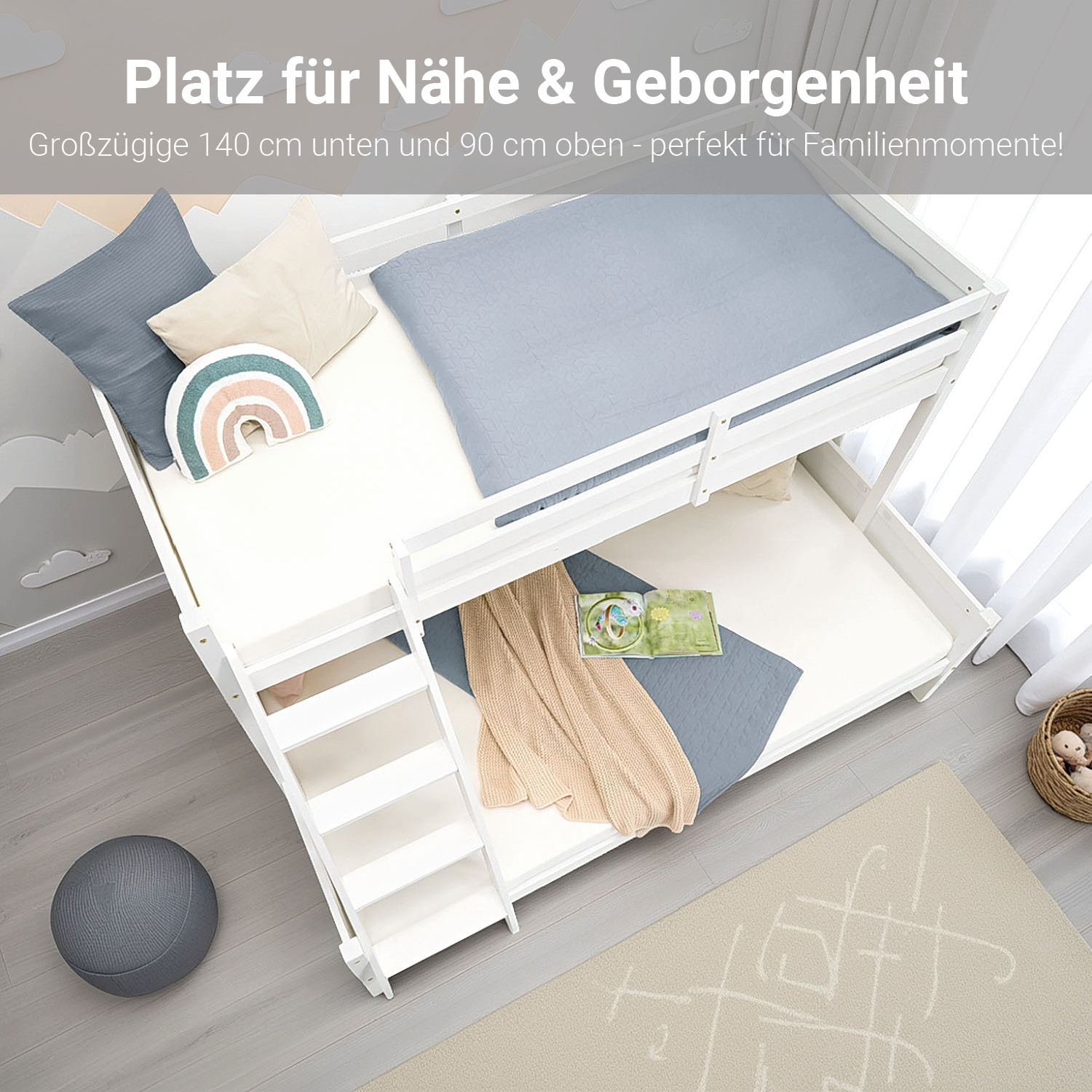 Children´s Bed Bunk Bed 90x200 and 140x200 High Sleeper Cot White Wood with Slats 2 Matresses
