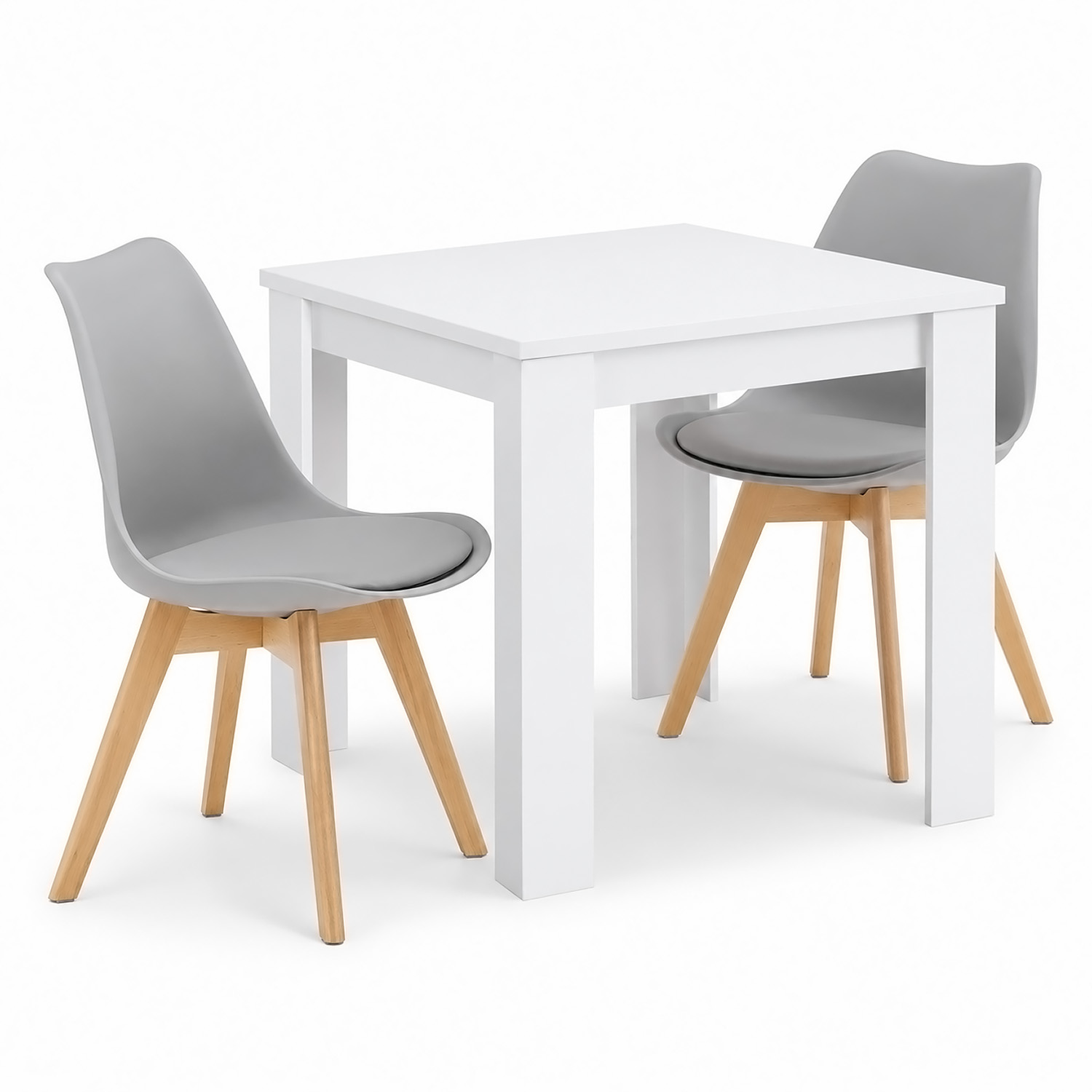 Dining Set (3-Piece): 80x80 cm white dining table with 2 grey plastic chairs and wooden legs