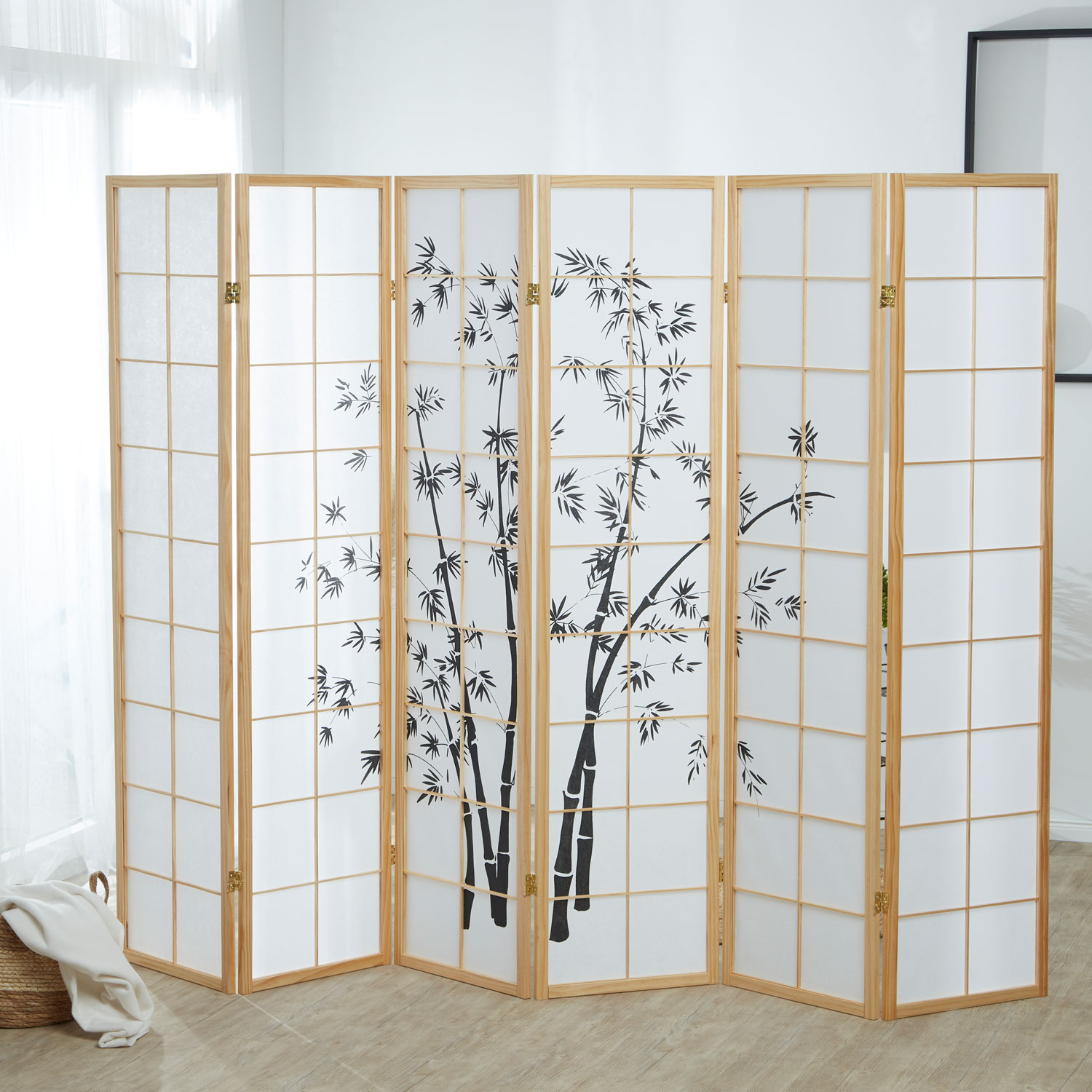 Paravent Natural Bamboo Pattern Print | 6-panel | Wood | Room Divider Partition Privacy Screen
