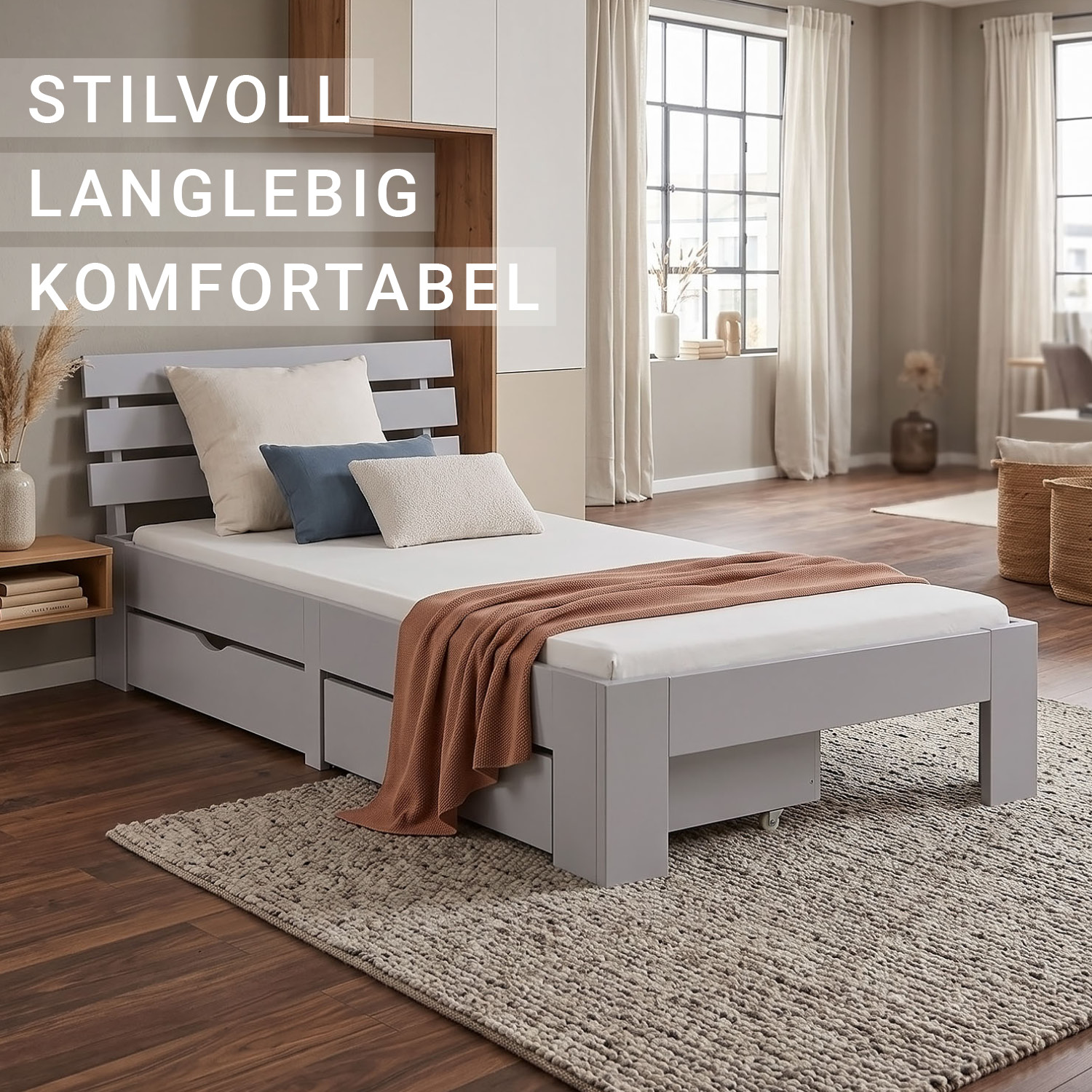 Wooden Bed 90x200 cm Gray | Single Bed with Storage | With Slatted Base | Solid Wood | Children's, Teen, or Guest Bedroom